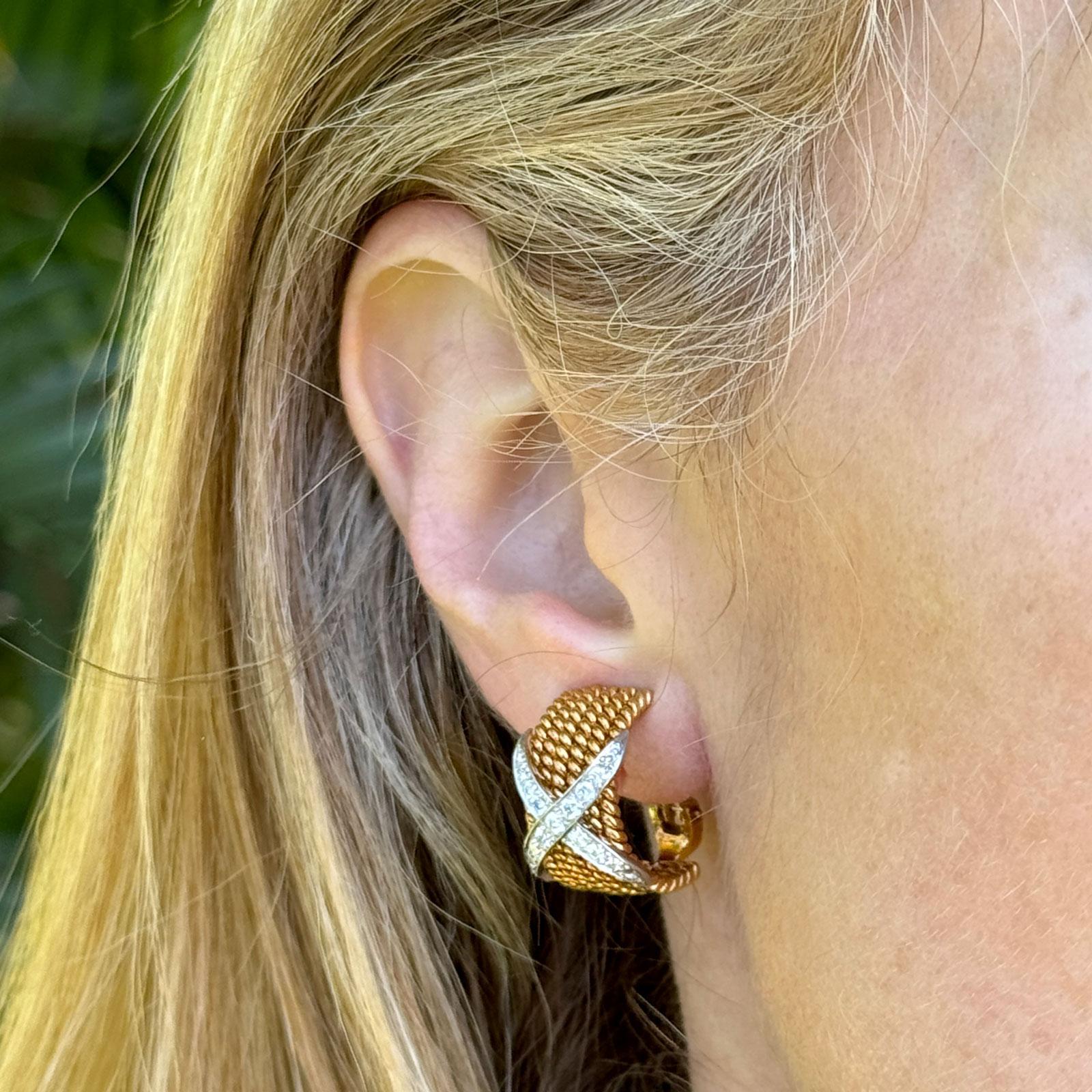 These Tiffany & Co. Schlumberger 6-Row Diamond 'X' Earrings are a stunning example of the brand's iconic design and exquisite craftsmanship. Crafted in 18k yellow gold with platinum accents, each earring features six gracefully contoured rows