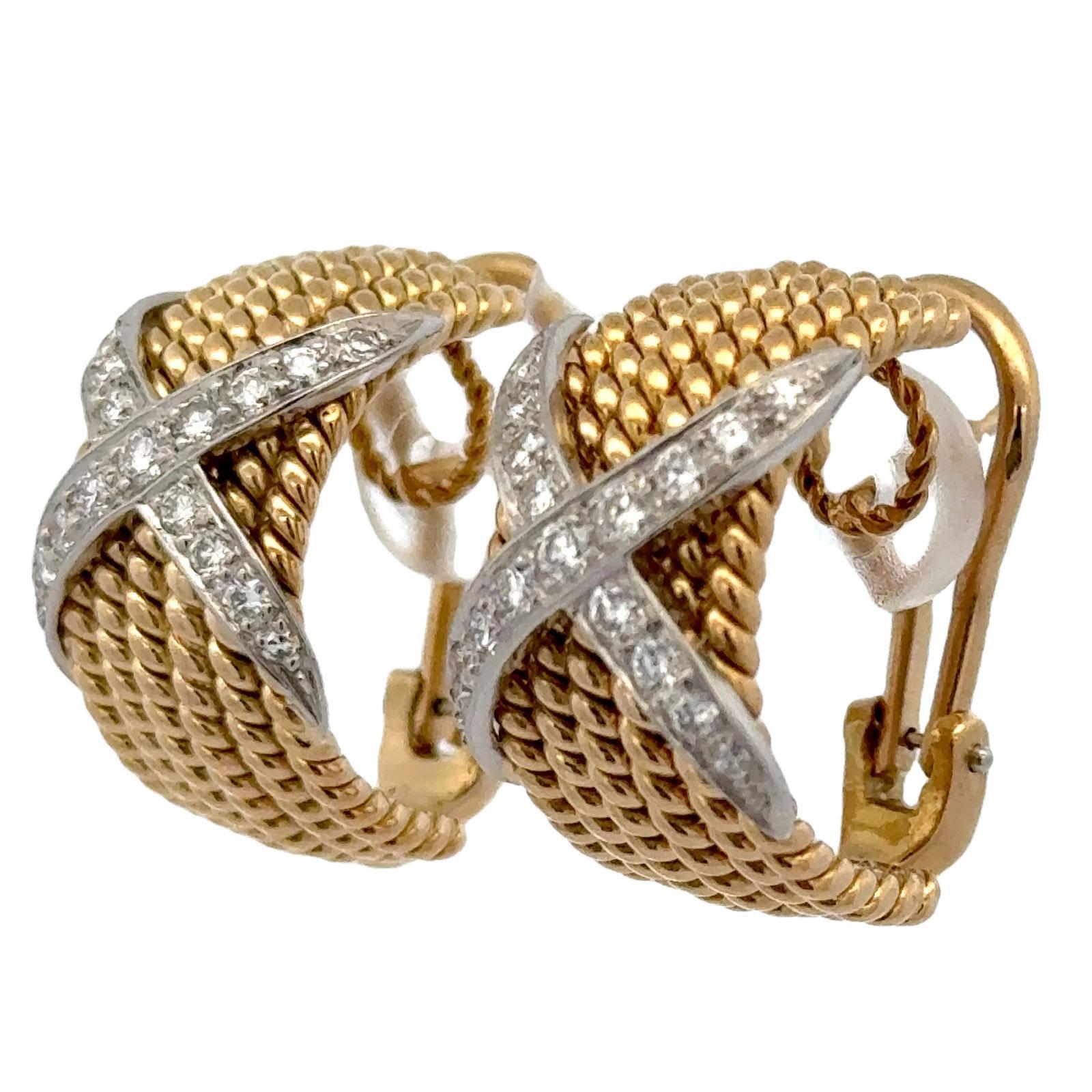 Modern Tiffany & Company Schlumberger 6 Row Diamond 'X' 18KYG Platinum Earrings