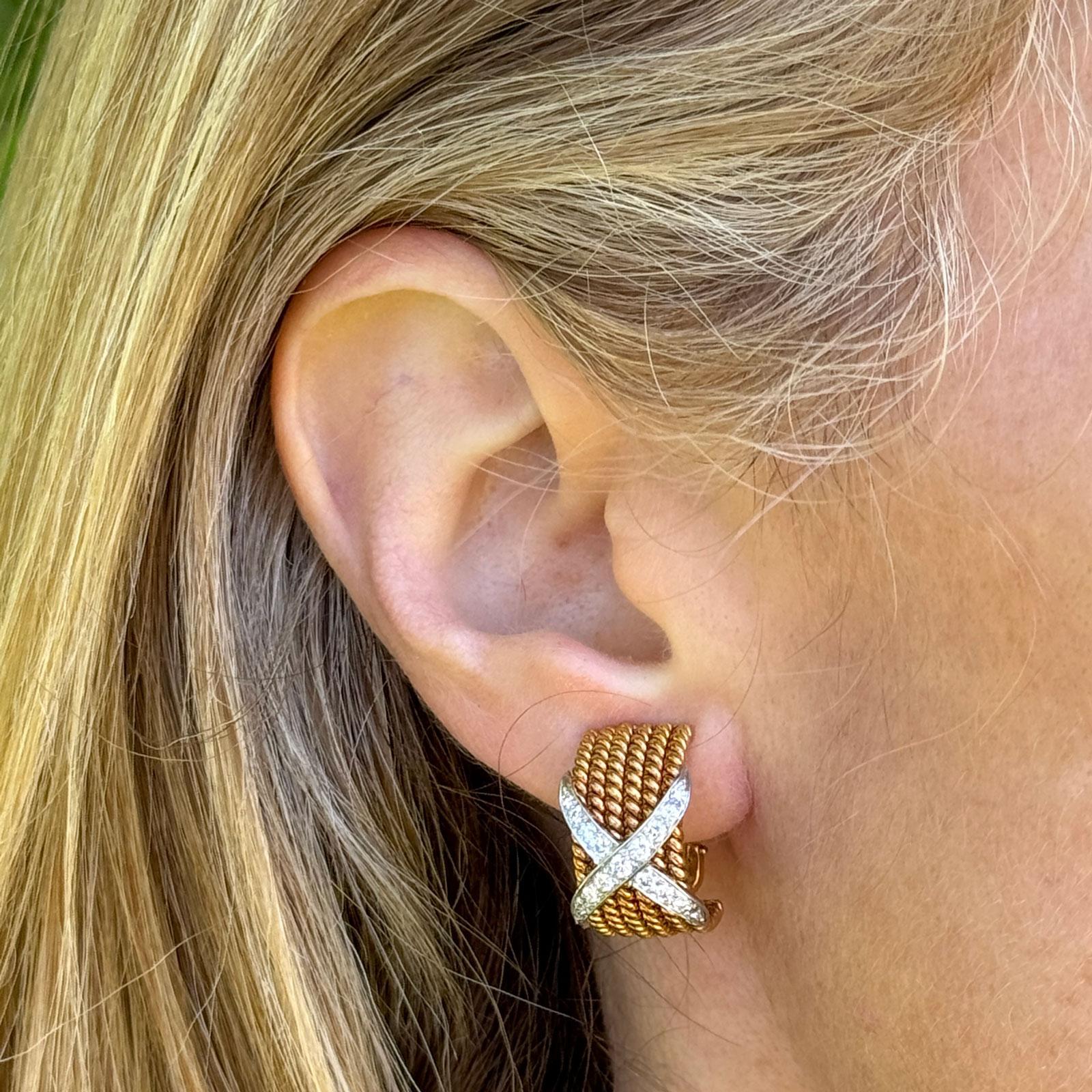 Round Cut Tiffany & Company Schlumberger 6 Row Diamond 'X' 18KYG Platinum Earrings