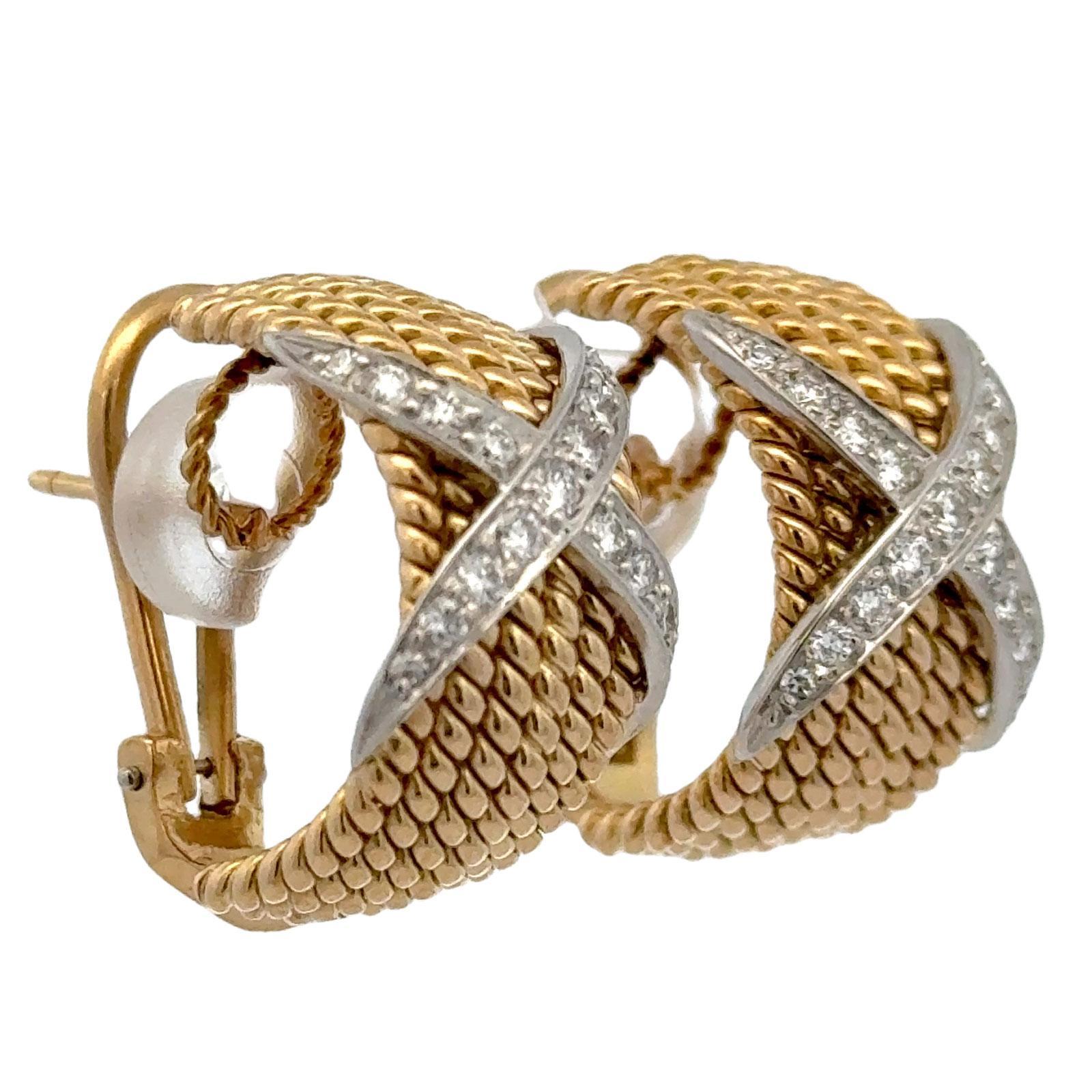 Tiffany & Company Schlumberger 6 Row Diamond 'X' 18KYG Platinum Earrings In Excellent Condition In Boca Raton, FL
