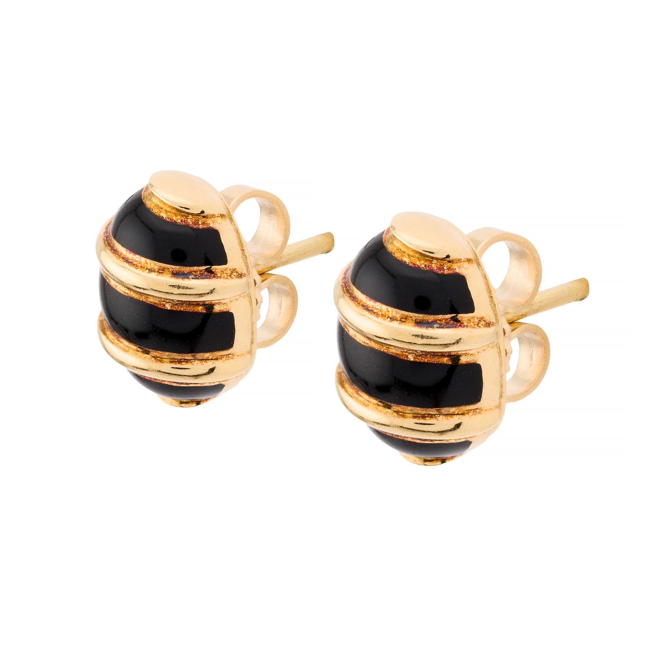 Retro Tiffany & Company Schlumberger Black Enamel Stud Earrings 18K Yellow Gold