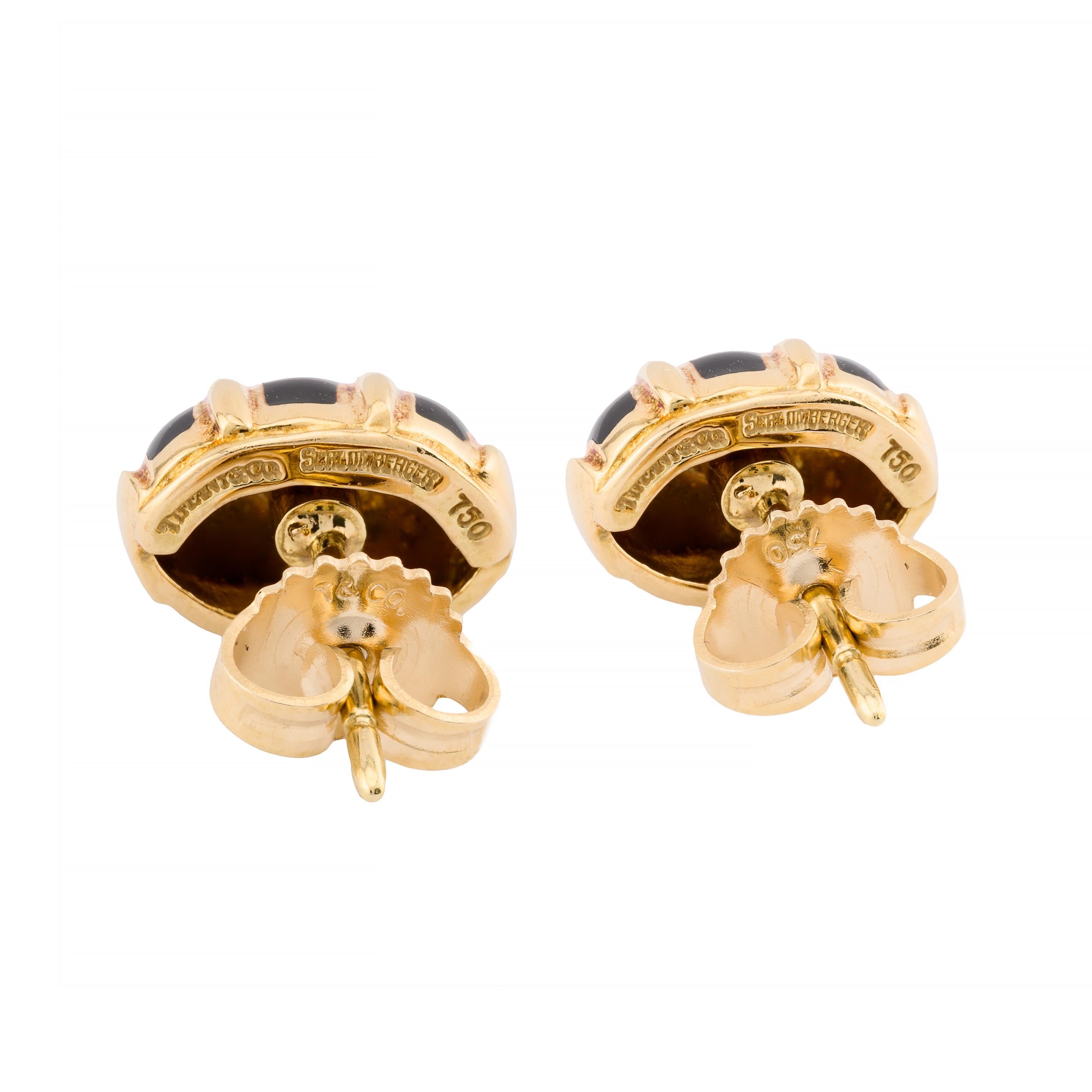 Women's Tiffany & Company Schlumberger Black Enamel Stud Earrings 18K Yellow Gold