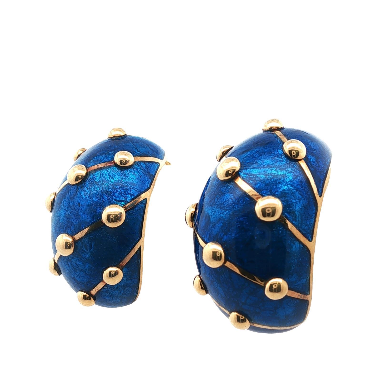 Moderno Tiffany & Company Schlumberger Orecchini a Banana Grandi con Smalto Blu 18KYG in vendita