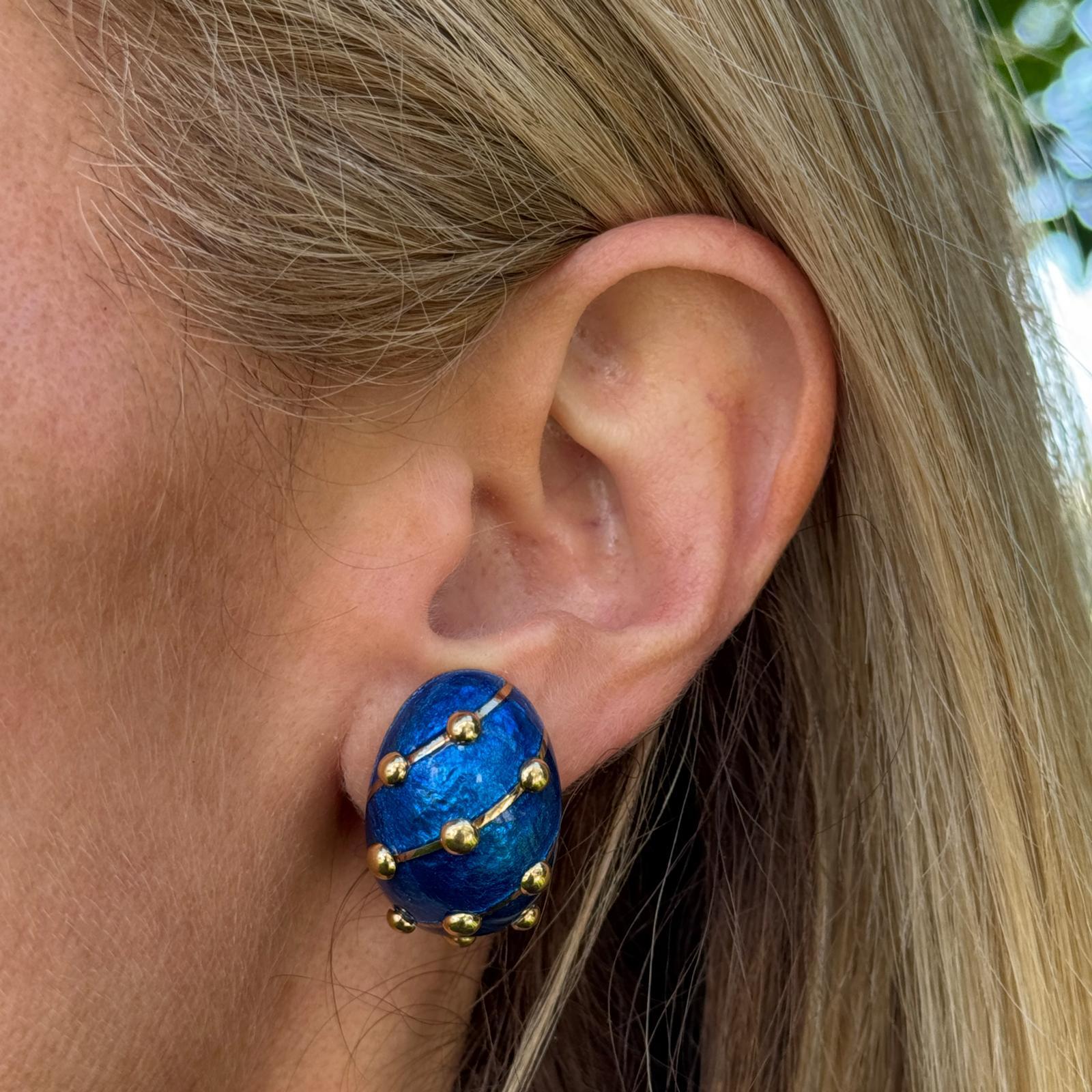 Tiffany & Company Schlumberger Orecchini a Banana Grandi con Smalto Blu 18KYG in vendita 1