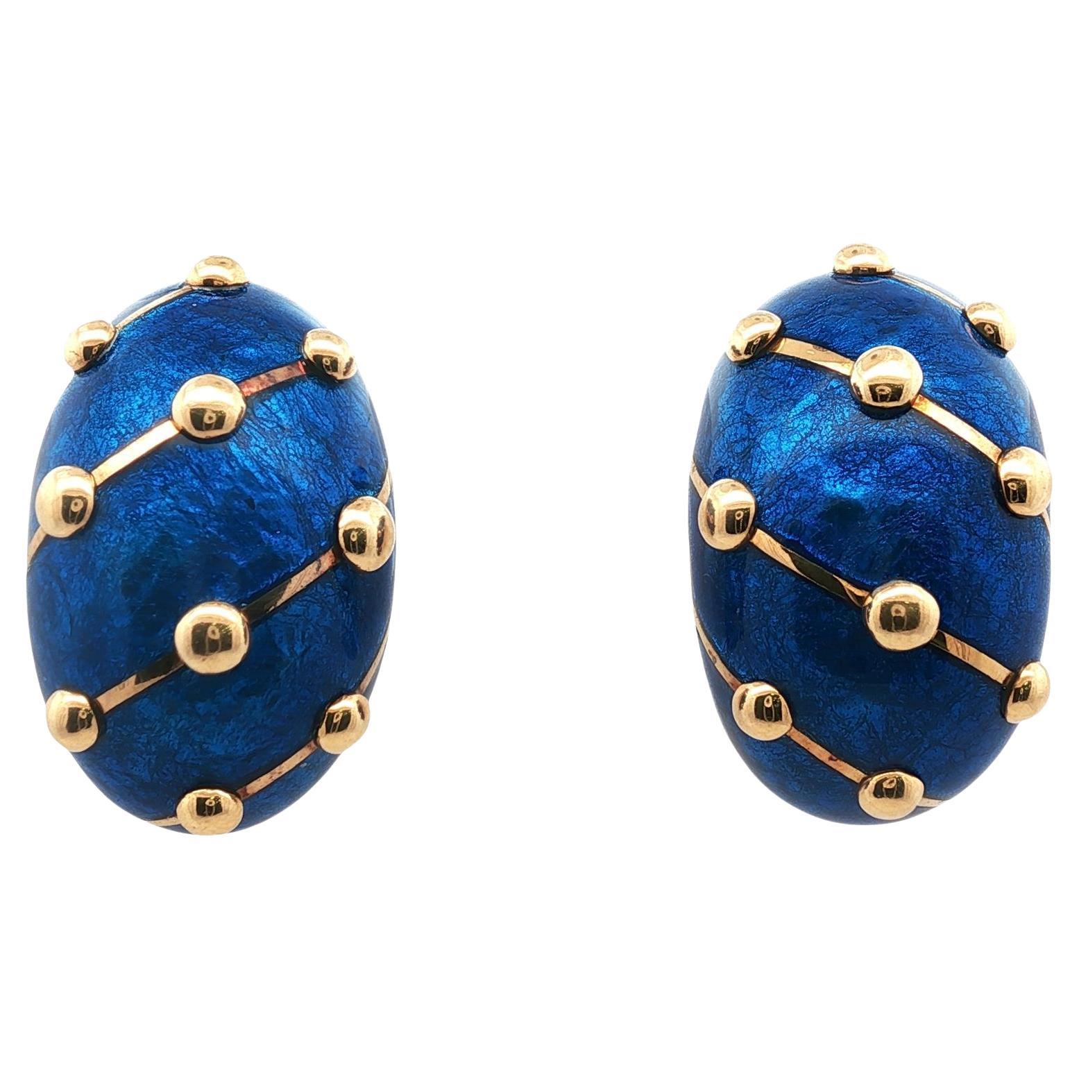 Tiffany 
Company Schlumberger Blue Enamel 18KYG Large Banana Earclip Earrings