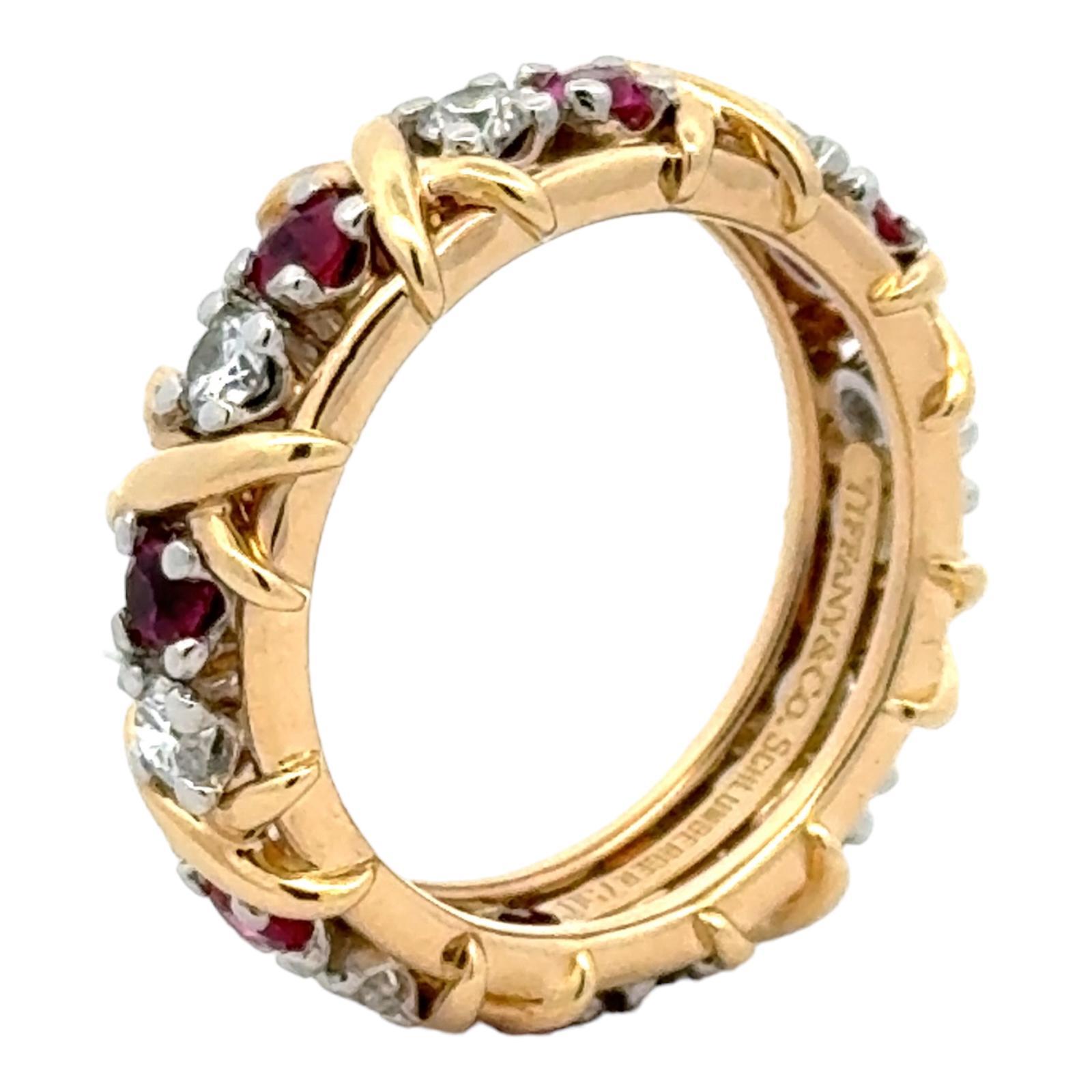 Round Cut Tiffany & Company Schlumberger Diamond & Ruby Sixteen Stone Wedding Band Ring