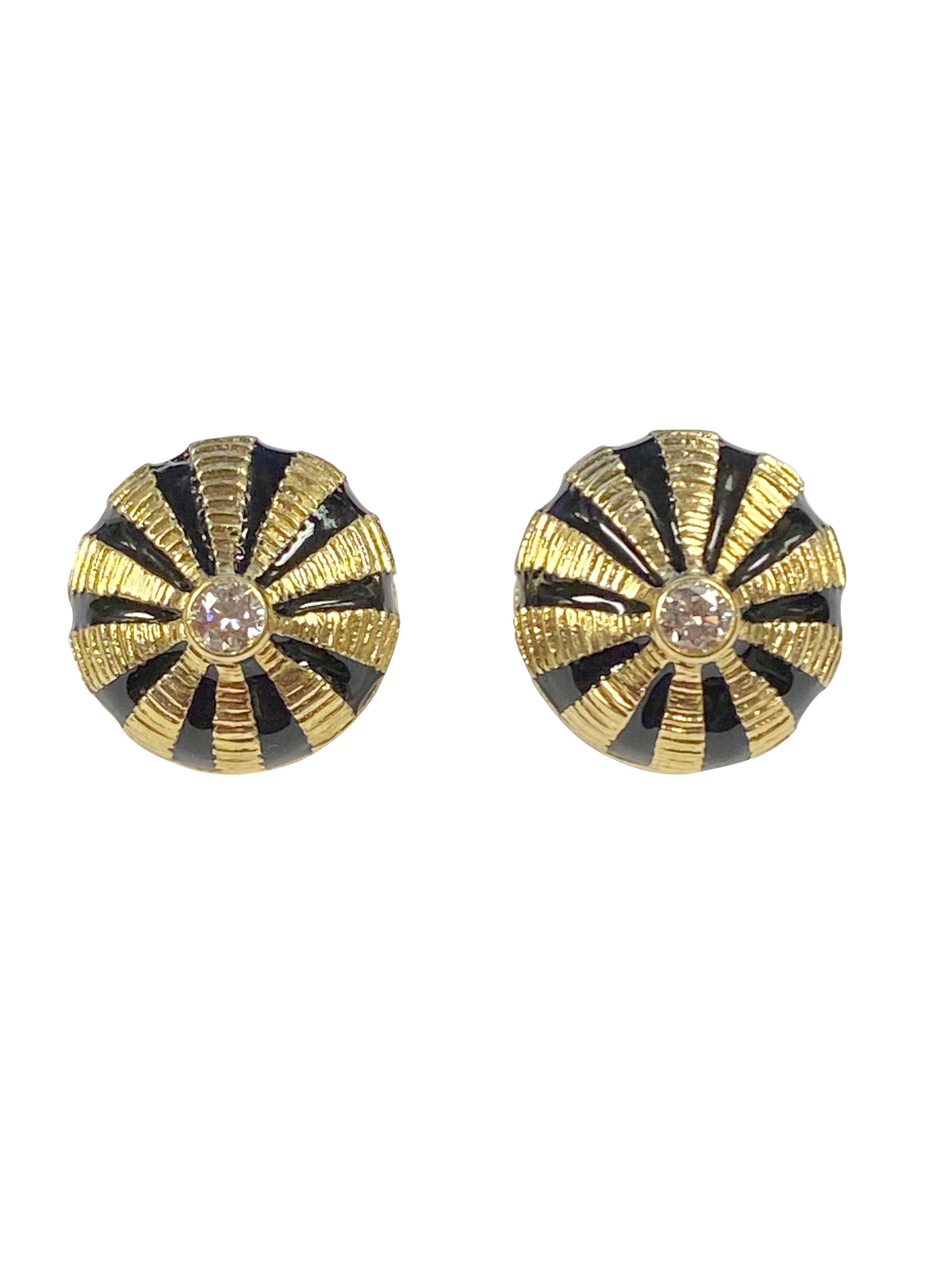 Circa 1990 Jean Schlumberger for Tiffany & Company Earrings, measuring 5/8 inch in diameter and 3/8 inch thick. Scalloped design with Black Enamel and centrally set with a Round Brilliant cut .14 Carat Diamond. .28 Carat for the pair. Omega Clip