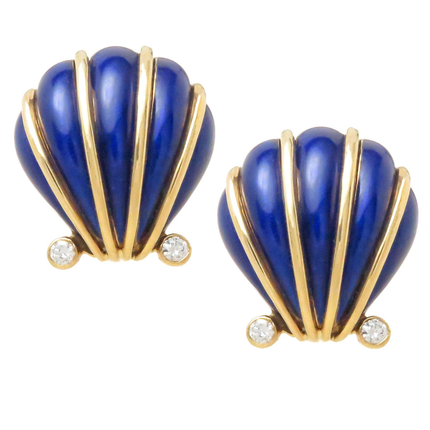 Tiffany & Company Schlumberger Gold Diamond and Enamel Shell Earrings For Sale