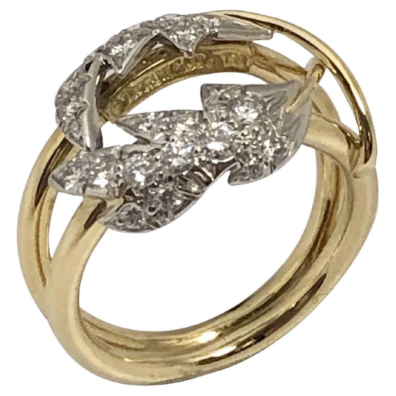 Tiffany 
Company Schlumberger Platinum Gold and Diamond 2 Leaves Ring en venta