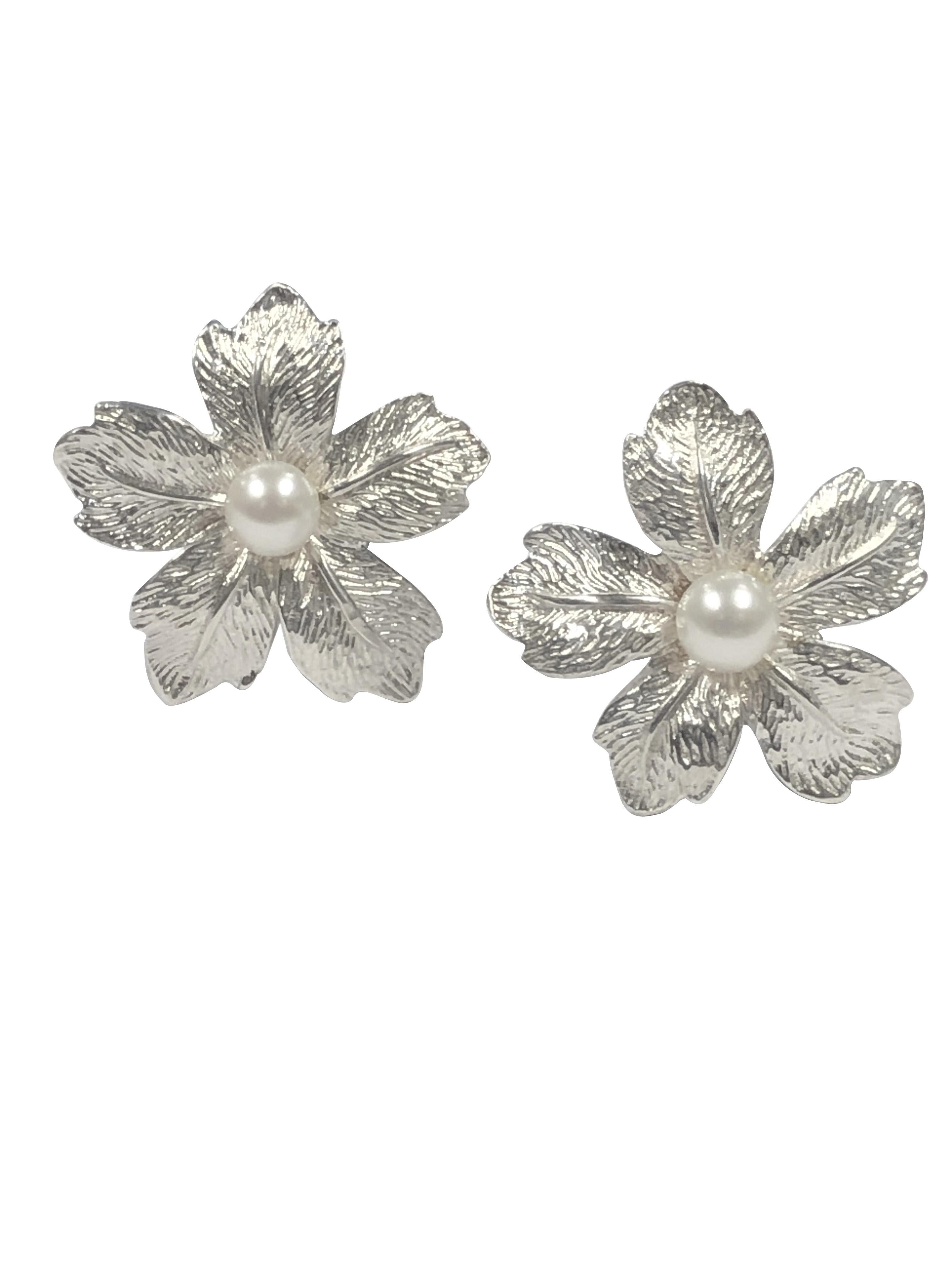 Round Cut Tiffany & Company Sterling and Pearl Flower Earrings 