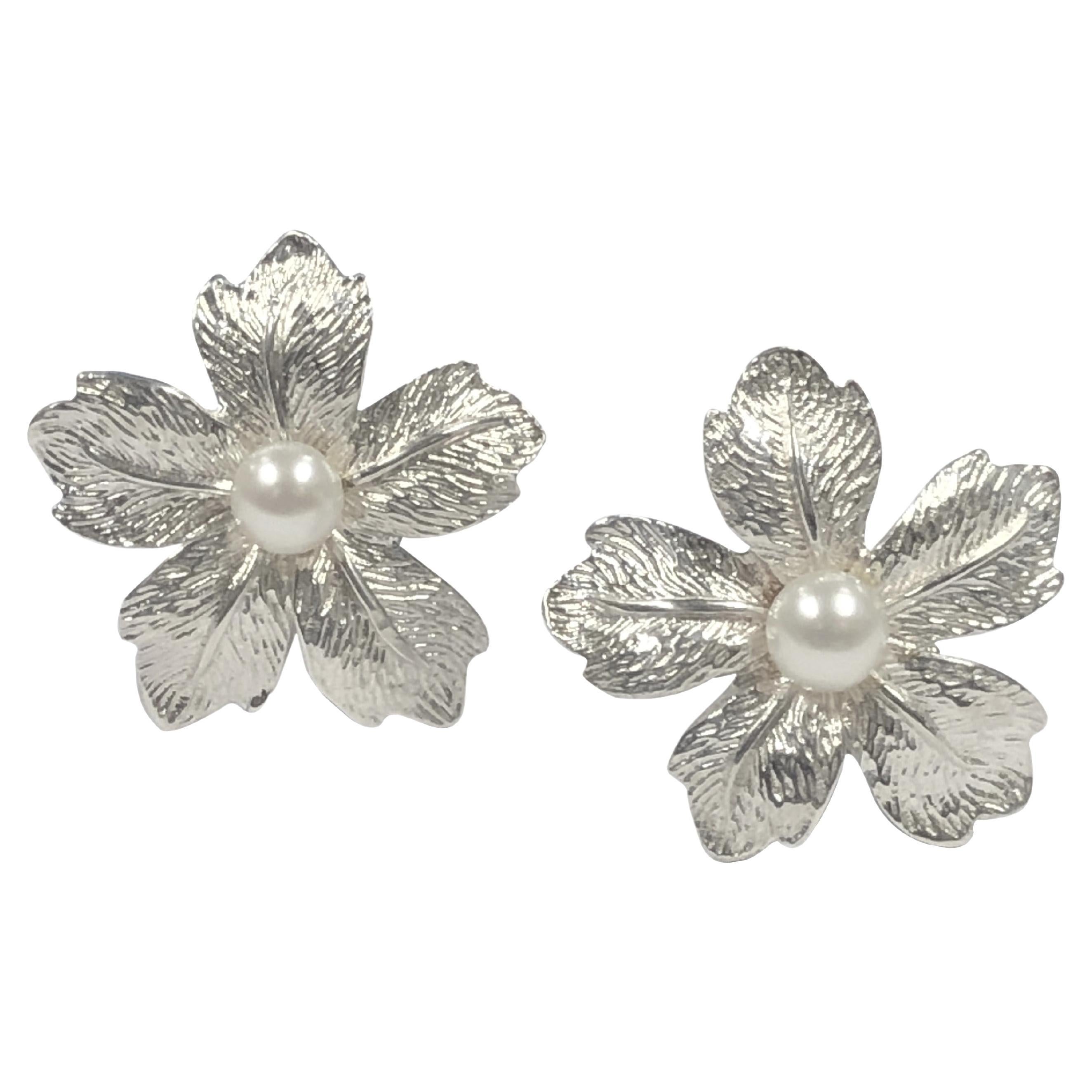 Tiffany & Company Sterling and Pearl Flower Earrings  For Sale