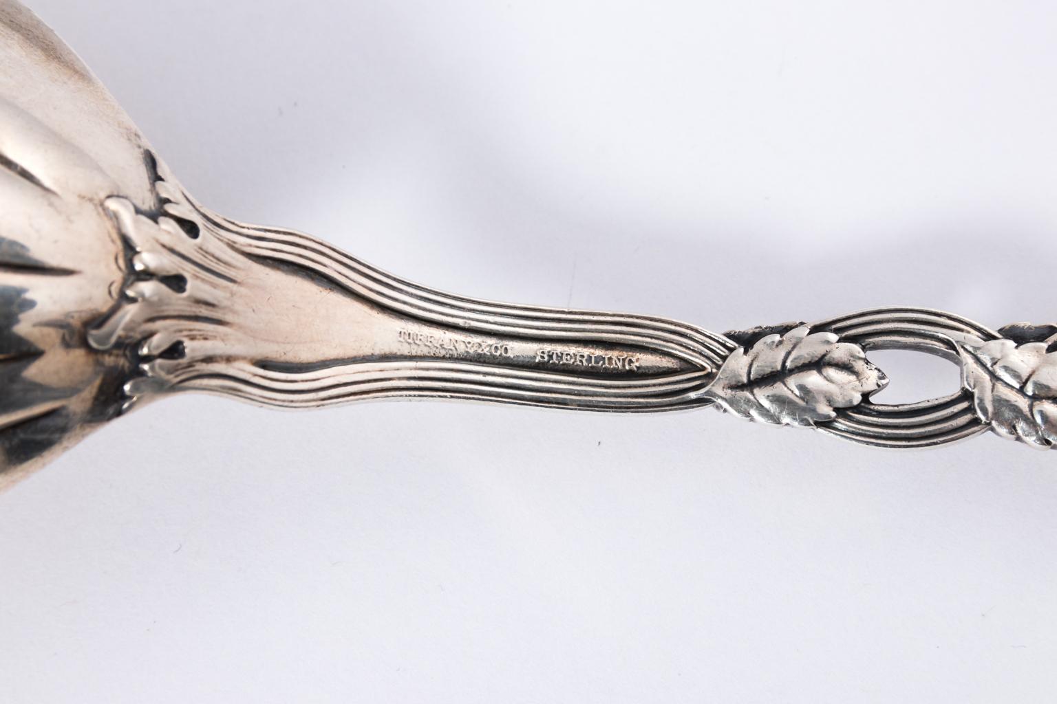 Tiffany & Company sterling silver kidney form serving spoon, circa 1875. The spoon weighs 4.09 Troy ounces and features a cluster of three strawberries with a twisted vine handle. The kidney shaped bowl portion is monogrammed with three intertwined