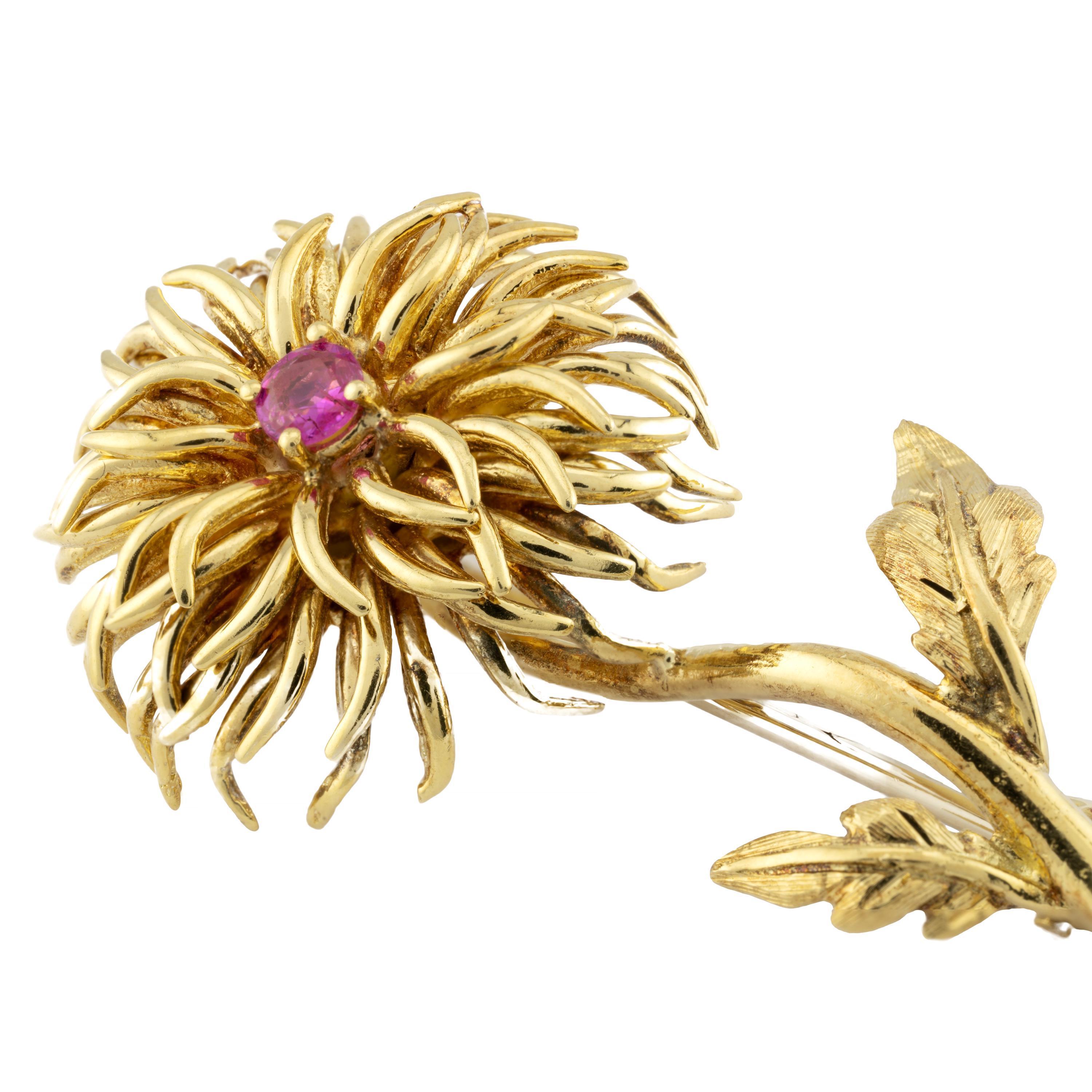 Round Cut Tiffany & Company Vintage Dahlia Flower Ruby Brooch in 18K Yellow Gold For Sale