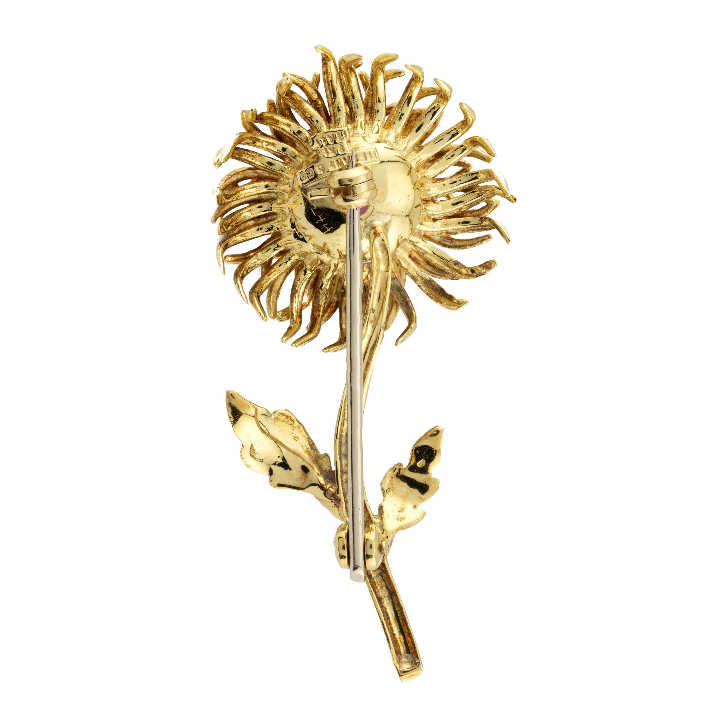 Tiffany & Company Vintage Dahlia Flower Ruby Brooch in 18K Yellow Gold In Good Condition For Sale In Boston, MA