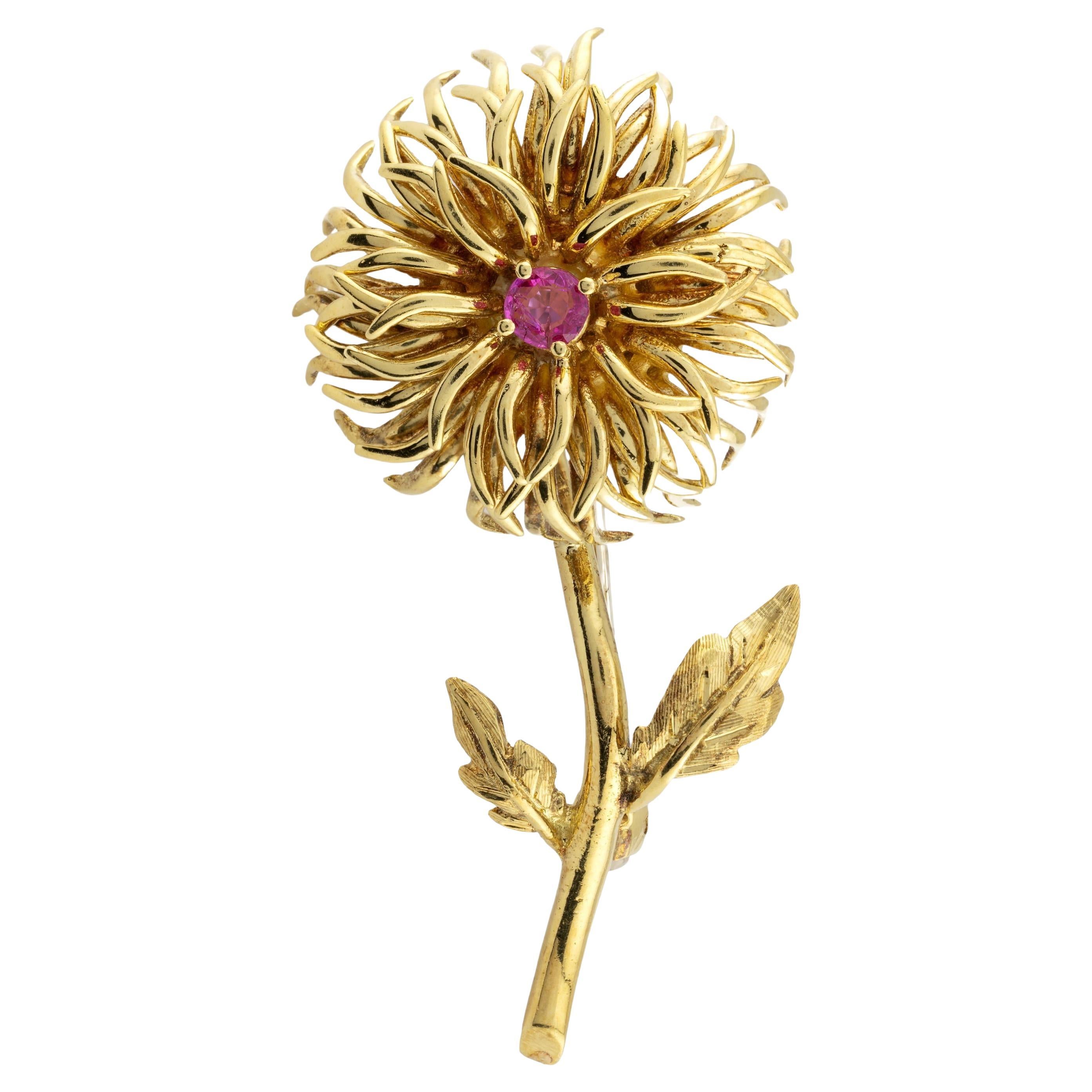 Tiffany & Company Vintage Dahlia Flower Ruby Brooch in 18K Yellow Gold