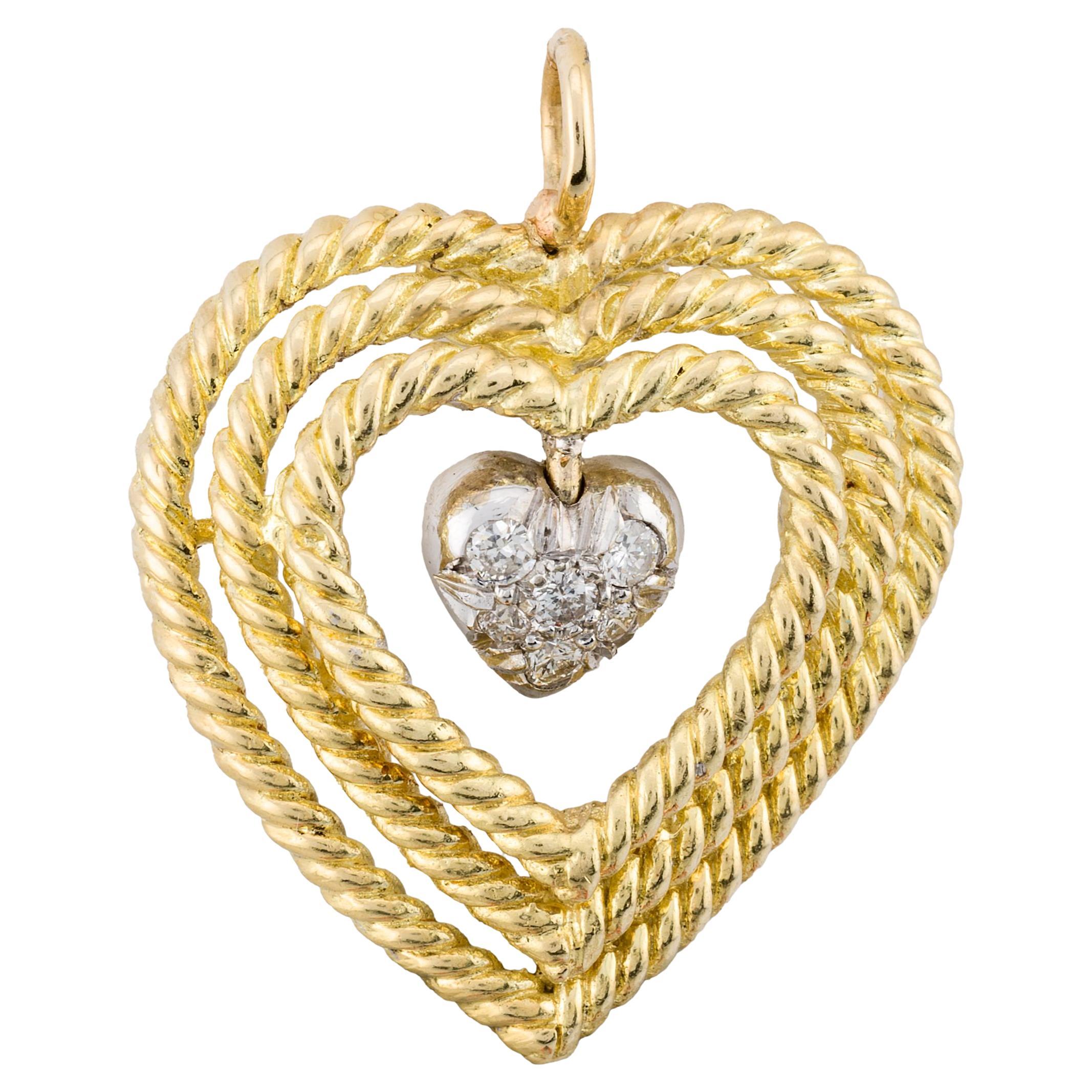 Tiffany & Company Vintage Dangling Diamond Heart Pendant in 18 Karat Yellow Gold