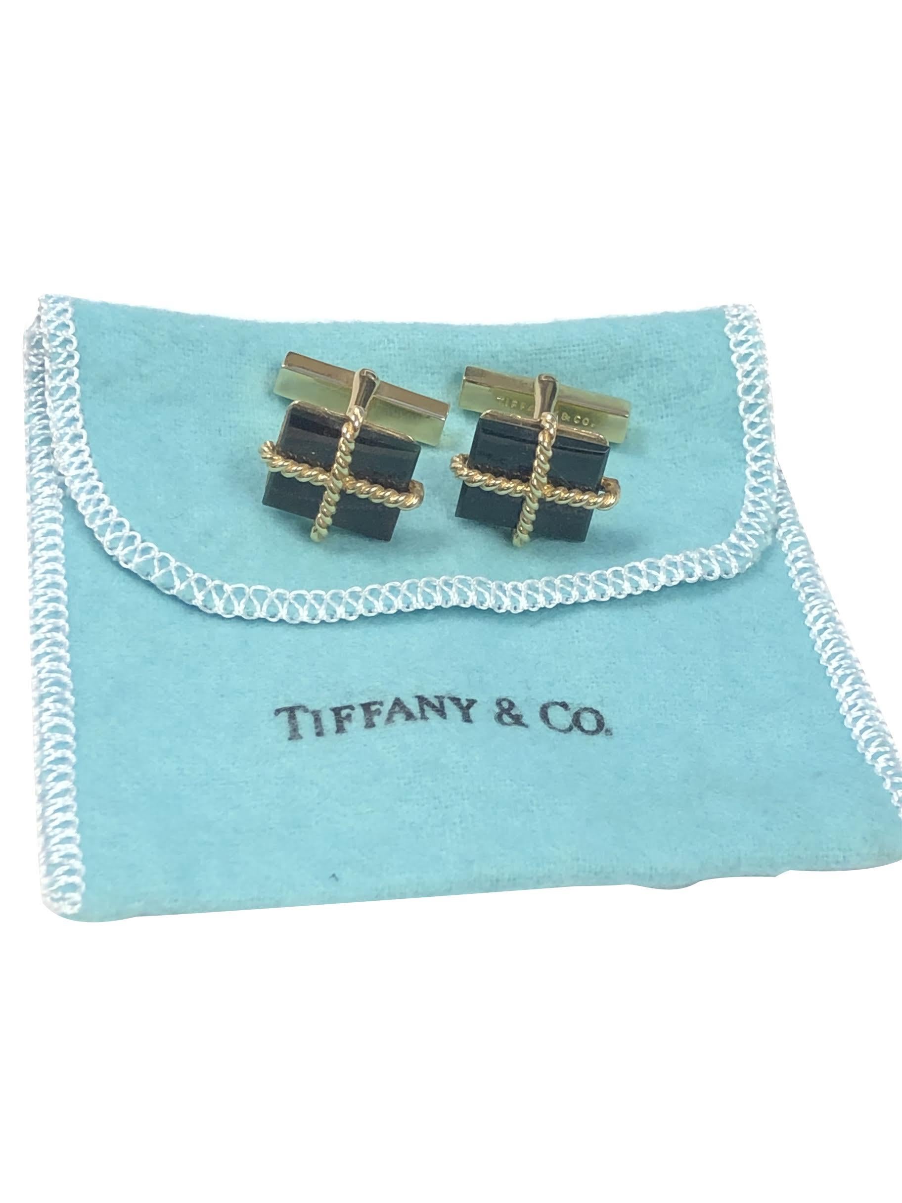 Circa 1970s Tiffany & Company 14K Yellow Gold Cufflinks, The tops measure 1/2 X 1/2 inch and are set with a Blood Stone and a Rope Twist design of Gold on top. Lever backs for easy on and off. Comes in a Tiffany Pouch.