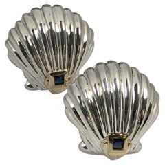 Tiffany & Company Vintage Sea Shell Earrings Sterling Gold Sapphire