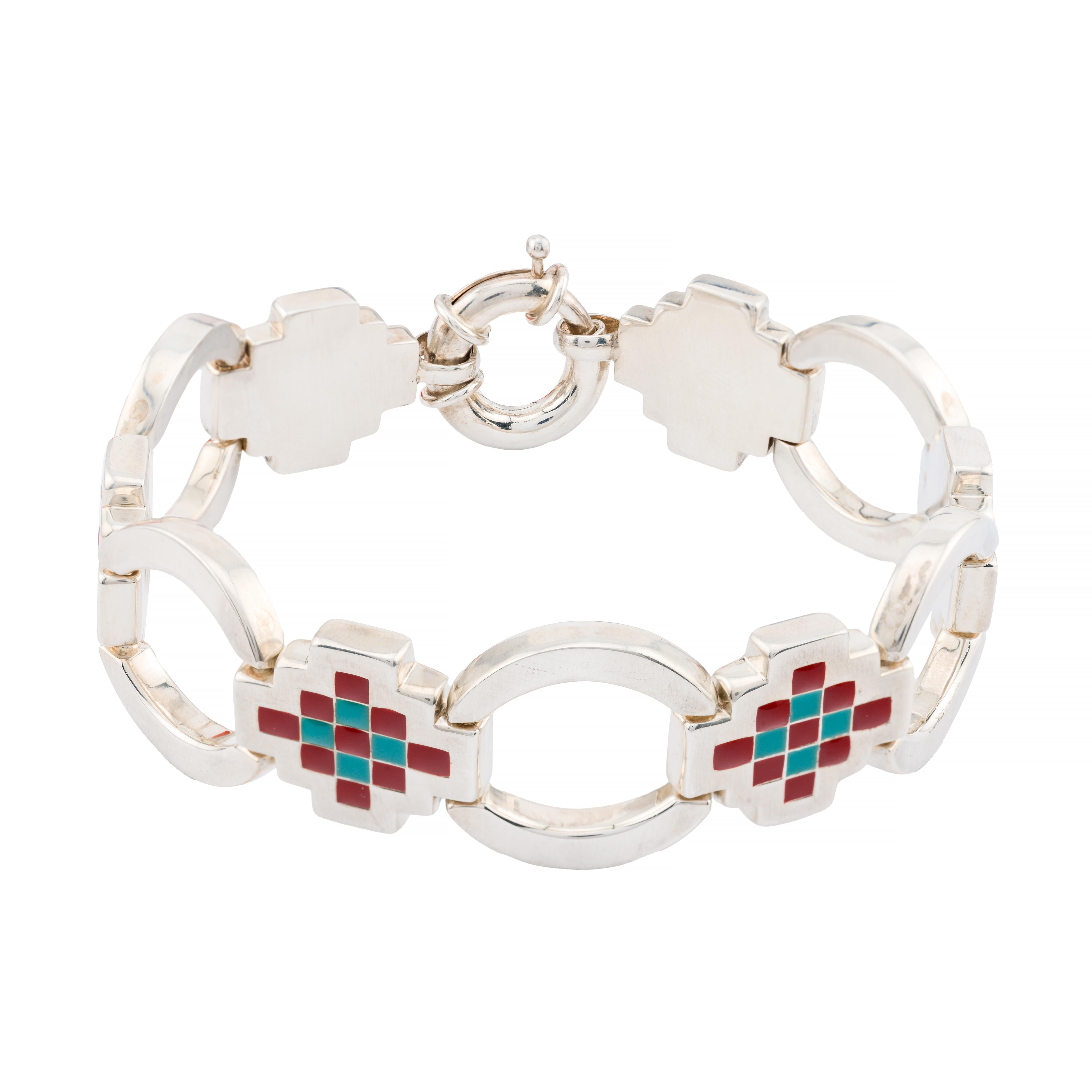 Women's Tiffany & Company Vintage Southwestern Turquoise, Red Enamel Bracelet Sterling