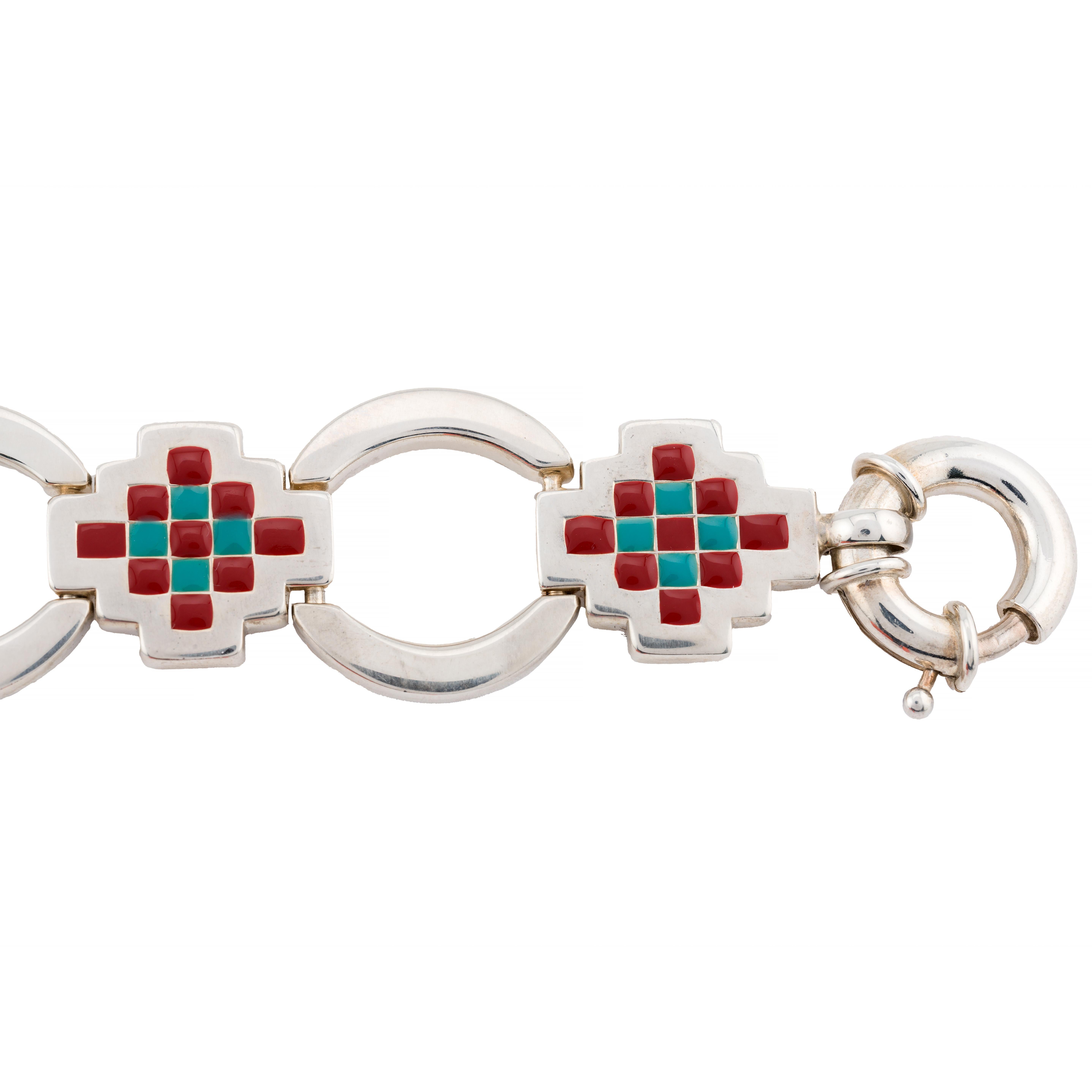Tiffany & Company Vintage Southwestern Turquoise, Red Enamel Bracelet Sterling 1