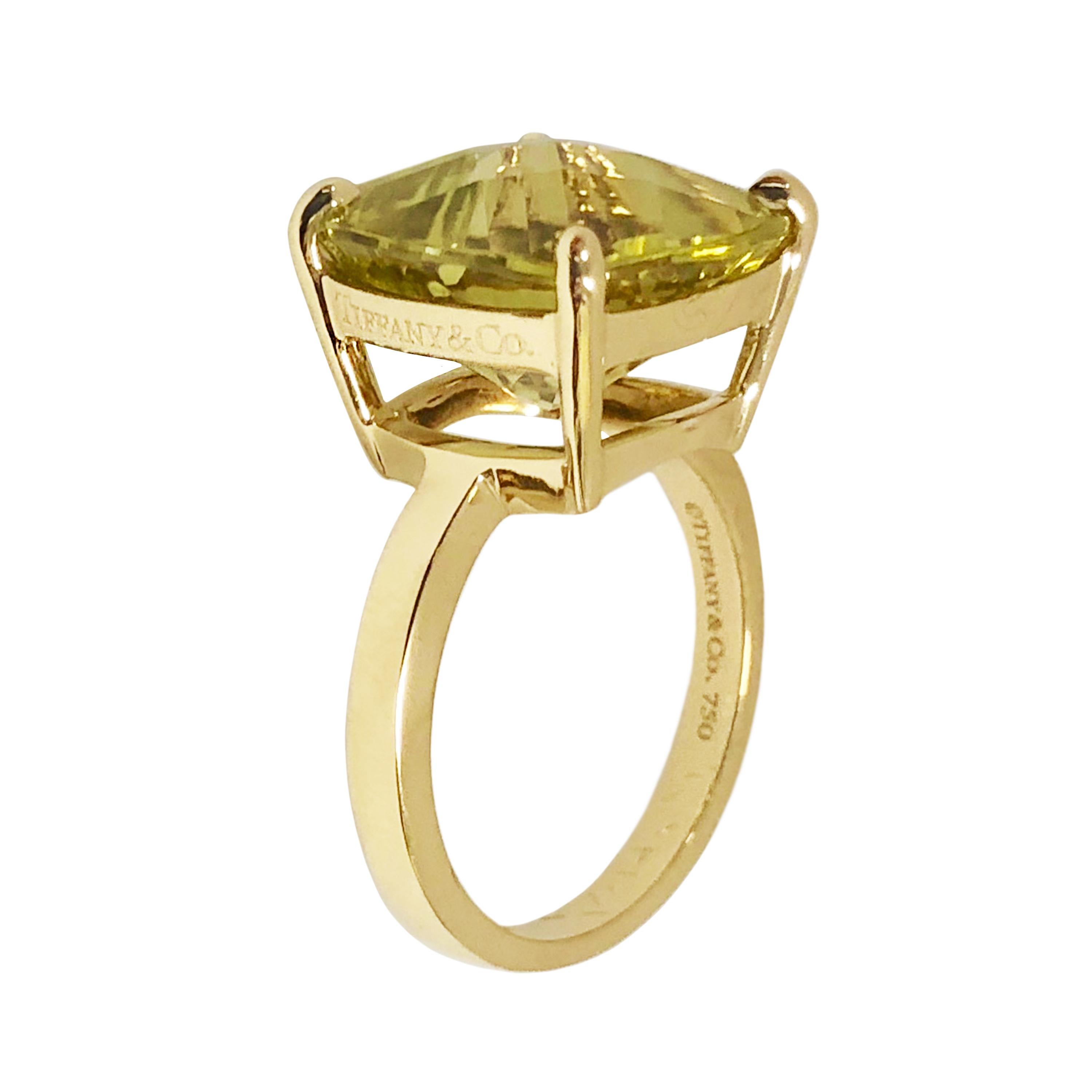 Circa 2010 Tiffany & Company 18k Yellow Gold Ring, centrally set with a Cross Cut, Cushion shape Citrine measuring 14 x 14 mm approximately 5 Carats.  Finger size 7. Comes in the original Presentation Box.