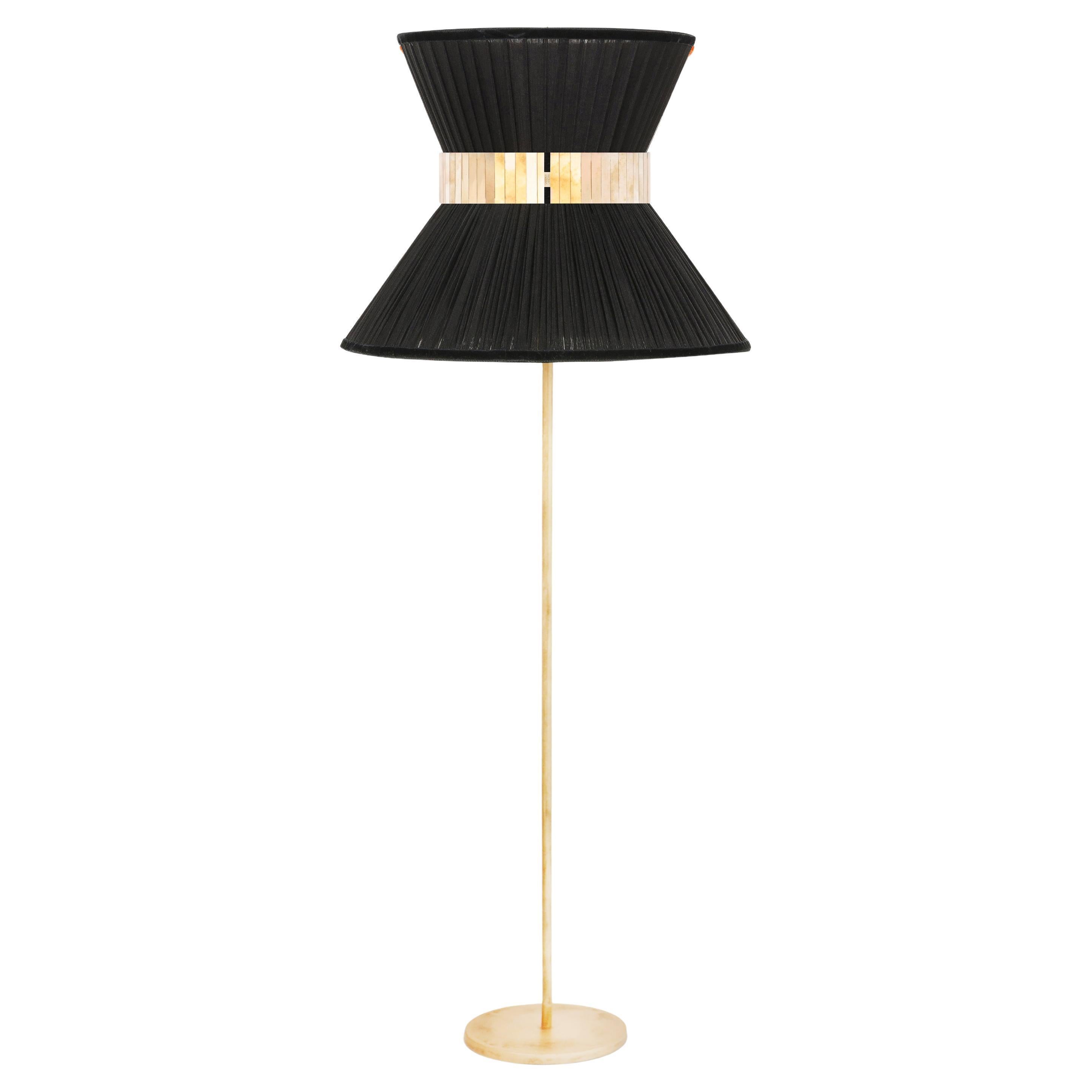 Lampadaire Tiffany Contemporary 60 soie noire, laiton antique, verre argenté