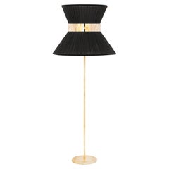 Tiffany Contemporary Floor Lamp 60 Black Silk, Antiqued Brass, Silvered Glass