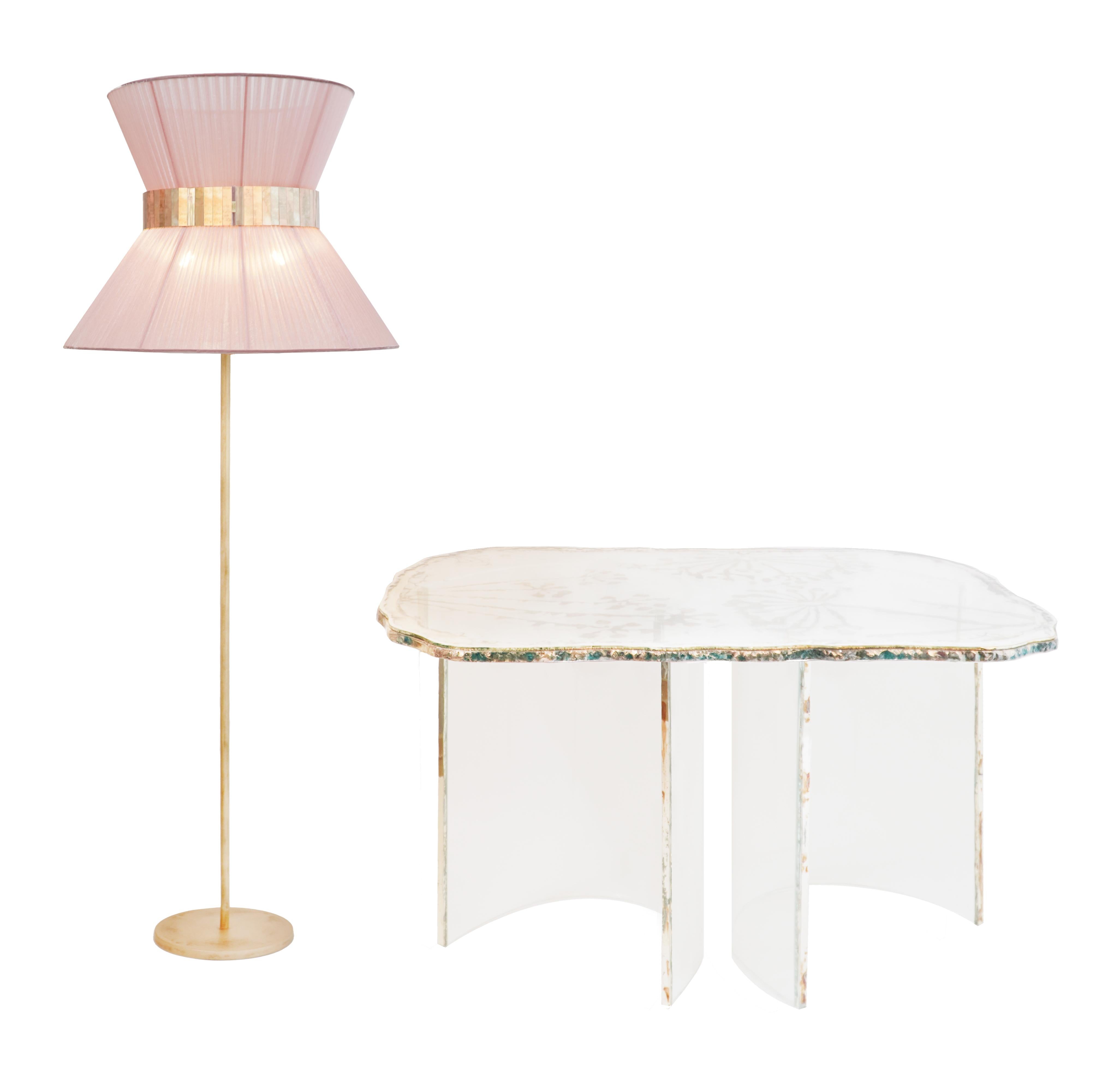 Tiffany contemporary Floor Lamp 60 Blush Silk, Antiqued Brass, Silvered Glass   In New Condition For Sale In Pietrasanta, IT