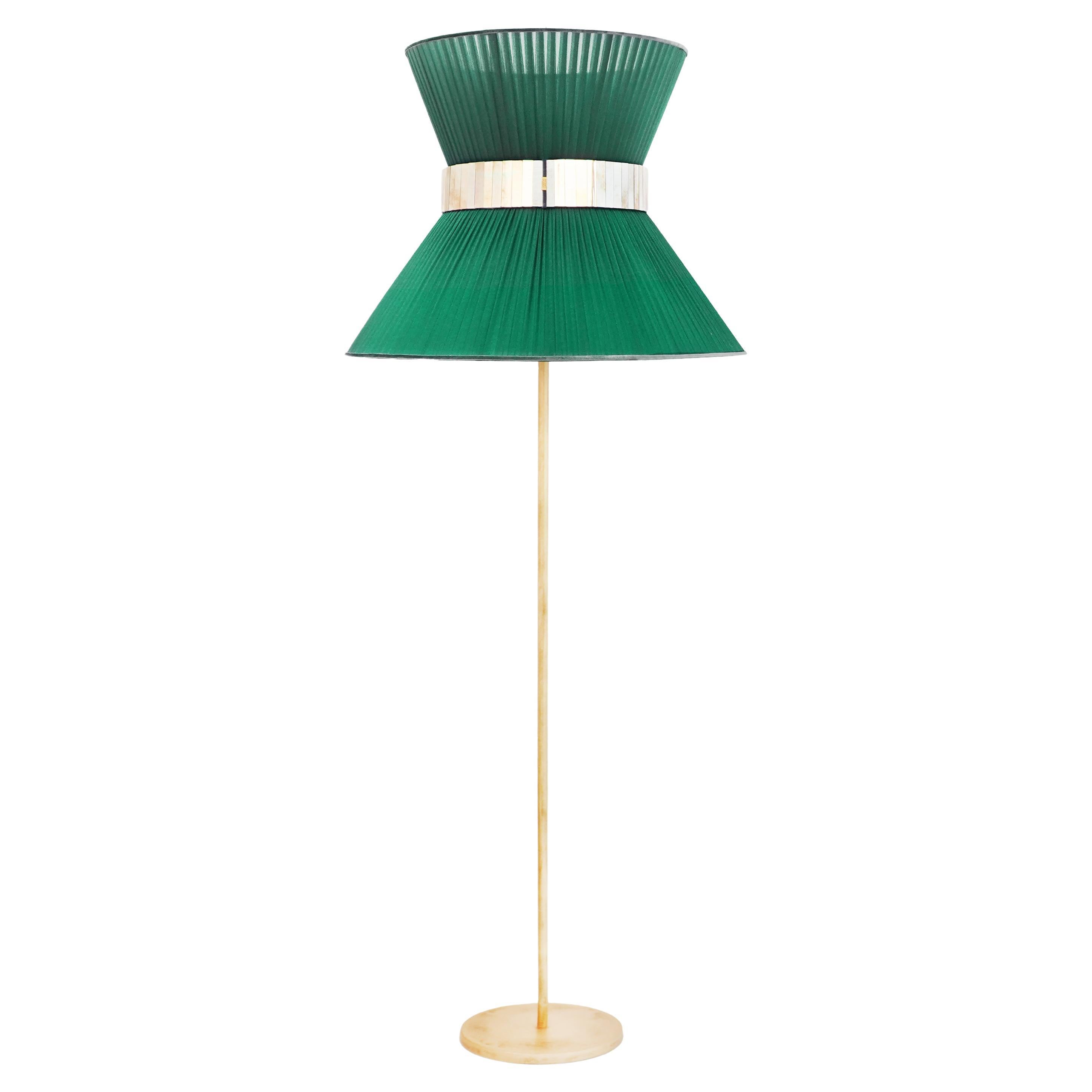 Tiffany Contemporary Floor Lamp 60 Emerald Silk, Antiqued Brass, Silvered Glass