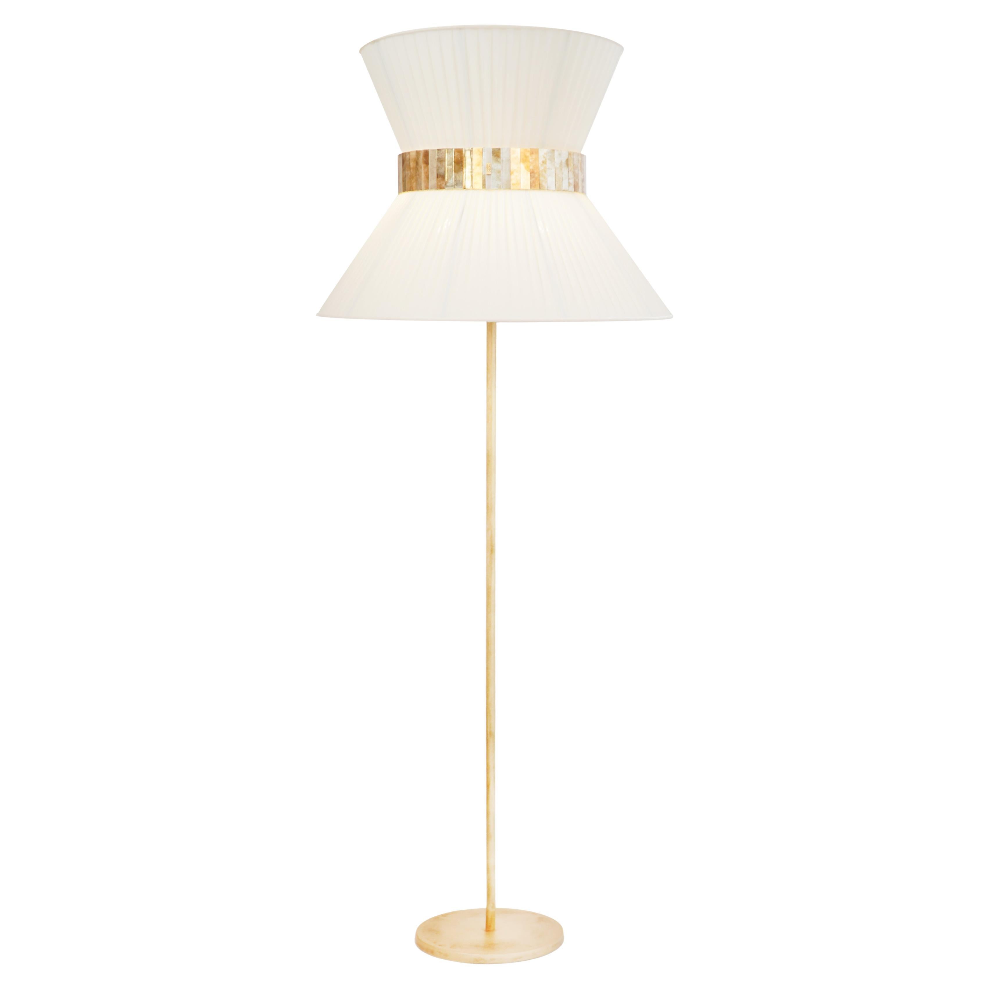 Tiffany Contemporary Floor Lamp 60 Ivory Silk, Antiqued Brass, Glass