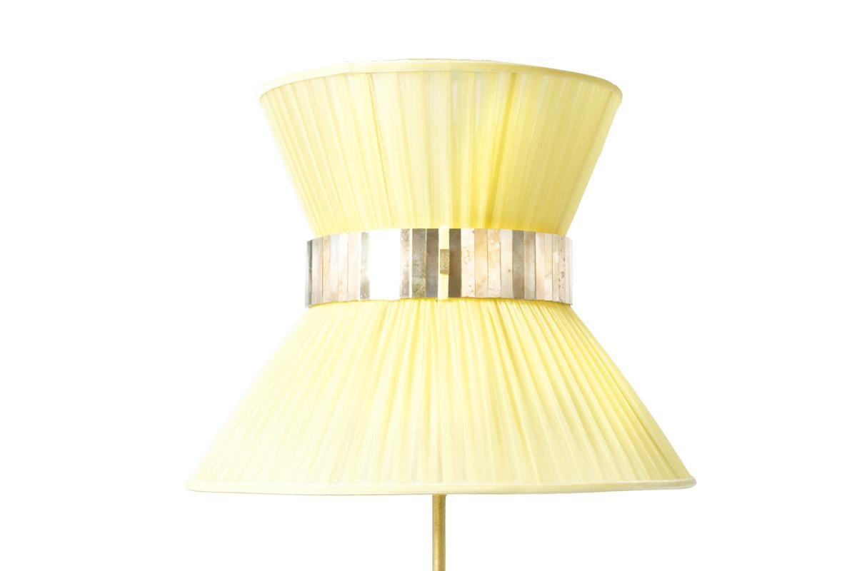 Modern Tiffany Contemporary Floor Lamp 60 Lemon Silk, Antiqued Brass, Silvered Glass For Sale