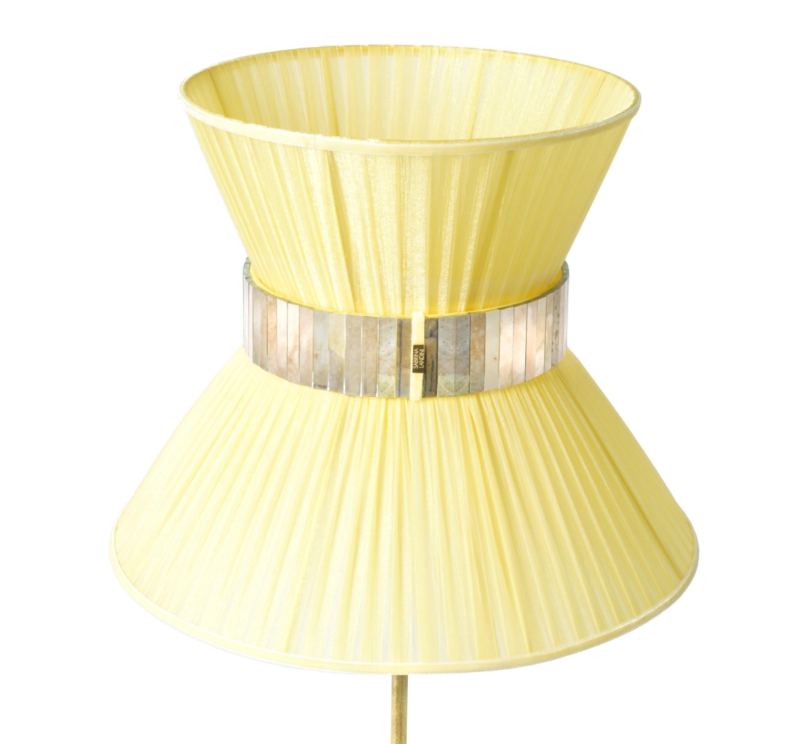 Italian Tiffany Contemporary Floor Lamp 60 Lemon Silk, Antiqued Brass, Silvered Glass For Sale
