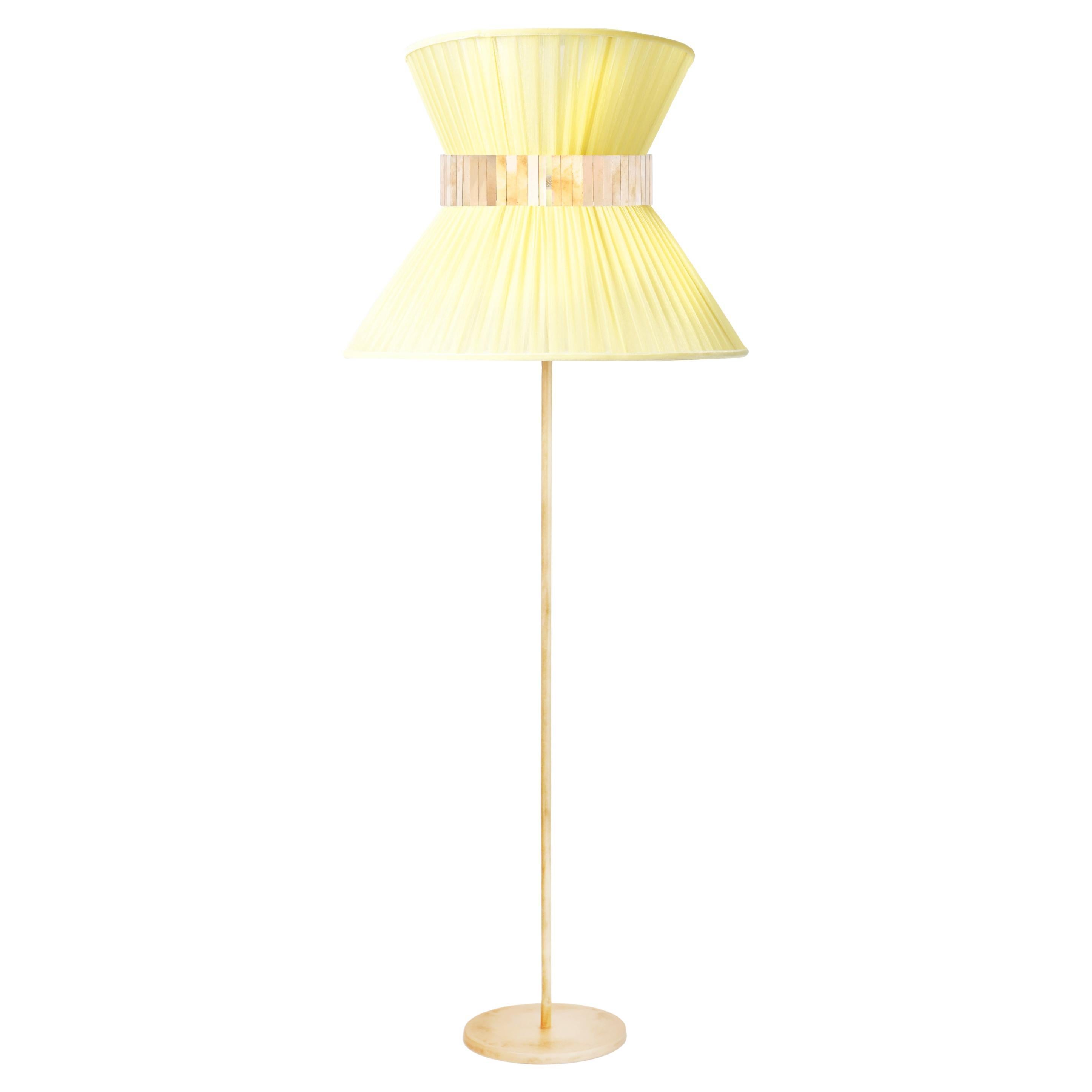 Tiffany Contemporary Floor Lamp 60 Lemon Silk, Antiqued Brass, Silvered Glass