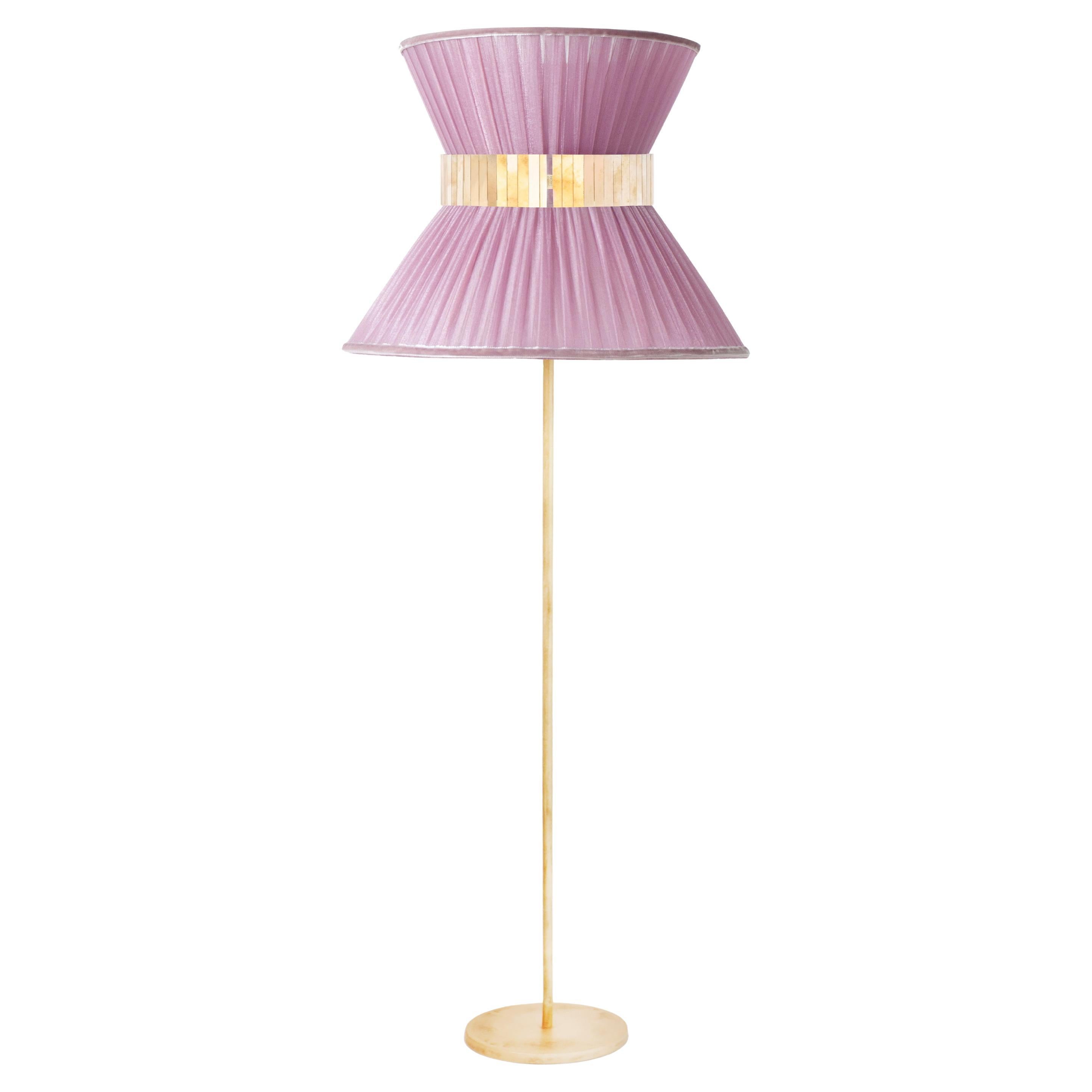 Lámpara de pie Tiffany Contemporánea 60 Seda de cebolla, latón envejecido, cristal plateado