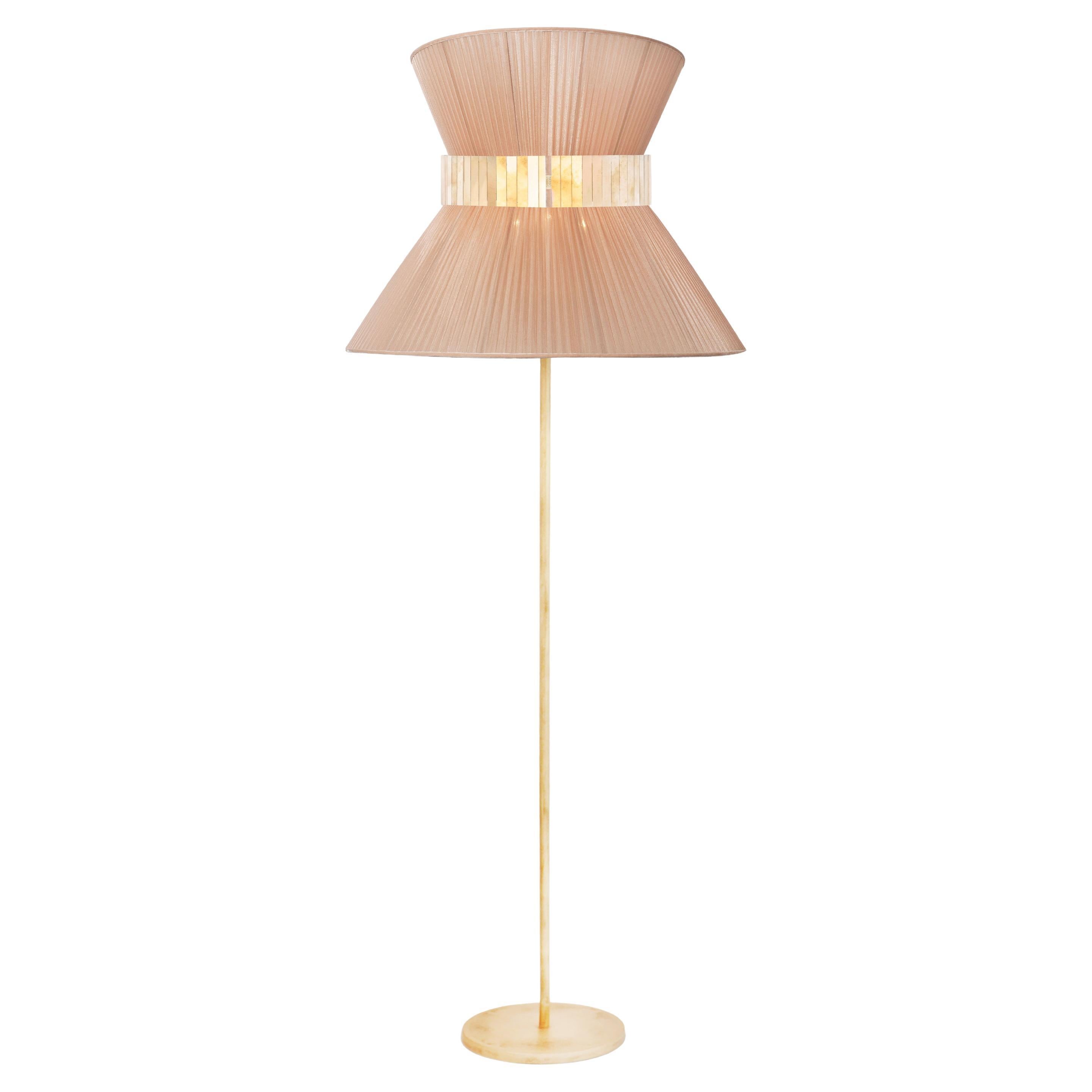 Tiffany Contemporary Floor Lamp 60 Powder Silk, Antiqued Brass, Silvered Glass