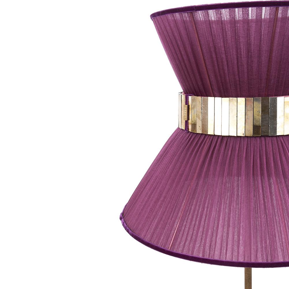 Modern Tiffany Contemporary Floor Lamp 60 Purple Silk, Antiqued Brass, Silvered Glass For Sale