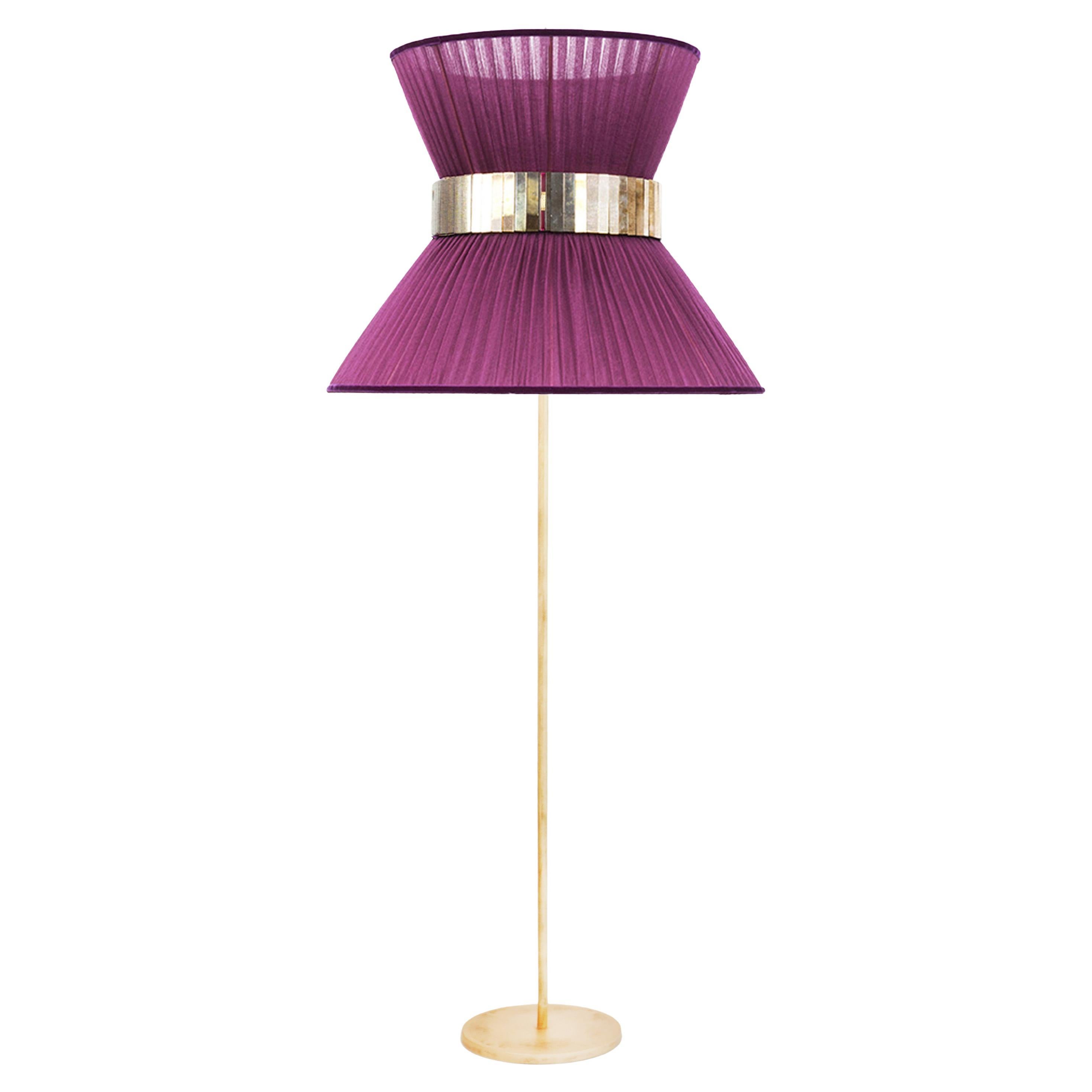 Tiffany Contemporary Floor Lamp 60 Purple Silk, Antiqued Brass, Silvered Glass For Sale