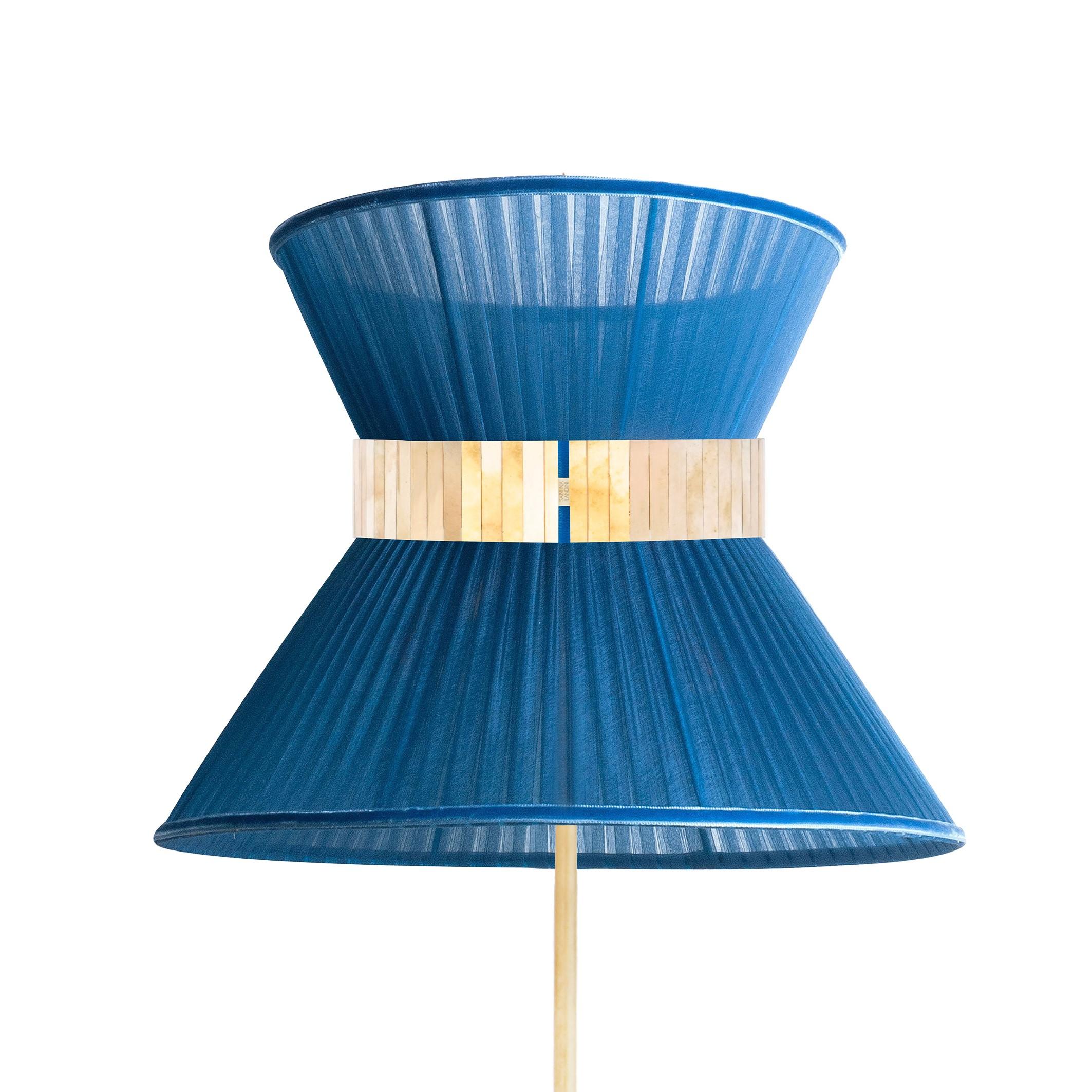 Modern Tiffany Contemporary Floor Lamp 60 Sapphire Silk, Antiqued Brass, Silvered Glass