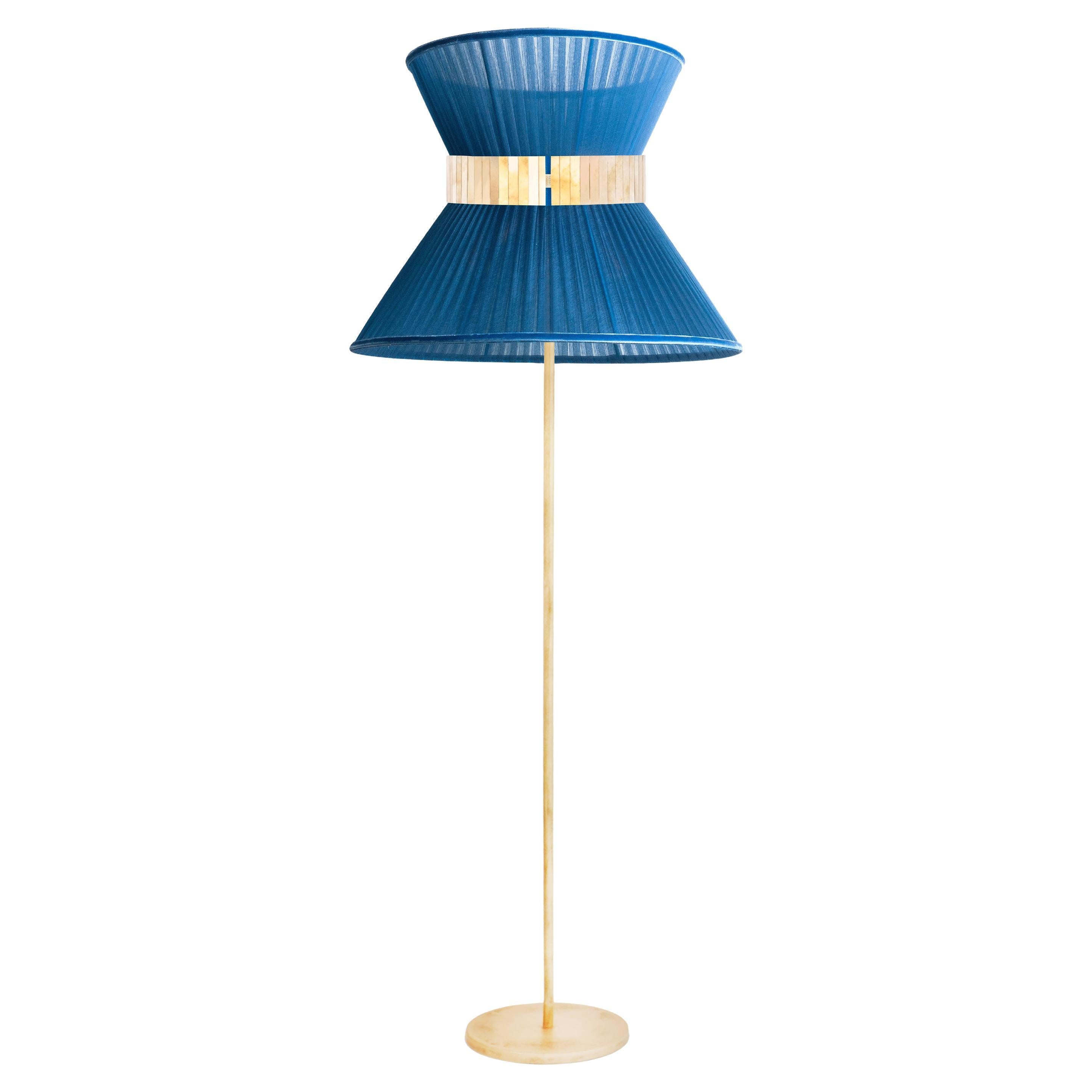 Tiffany Contemporary Floor Lamp 60 Sapphire Silk, Antiqued Brass, Silvered Glass