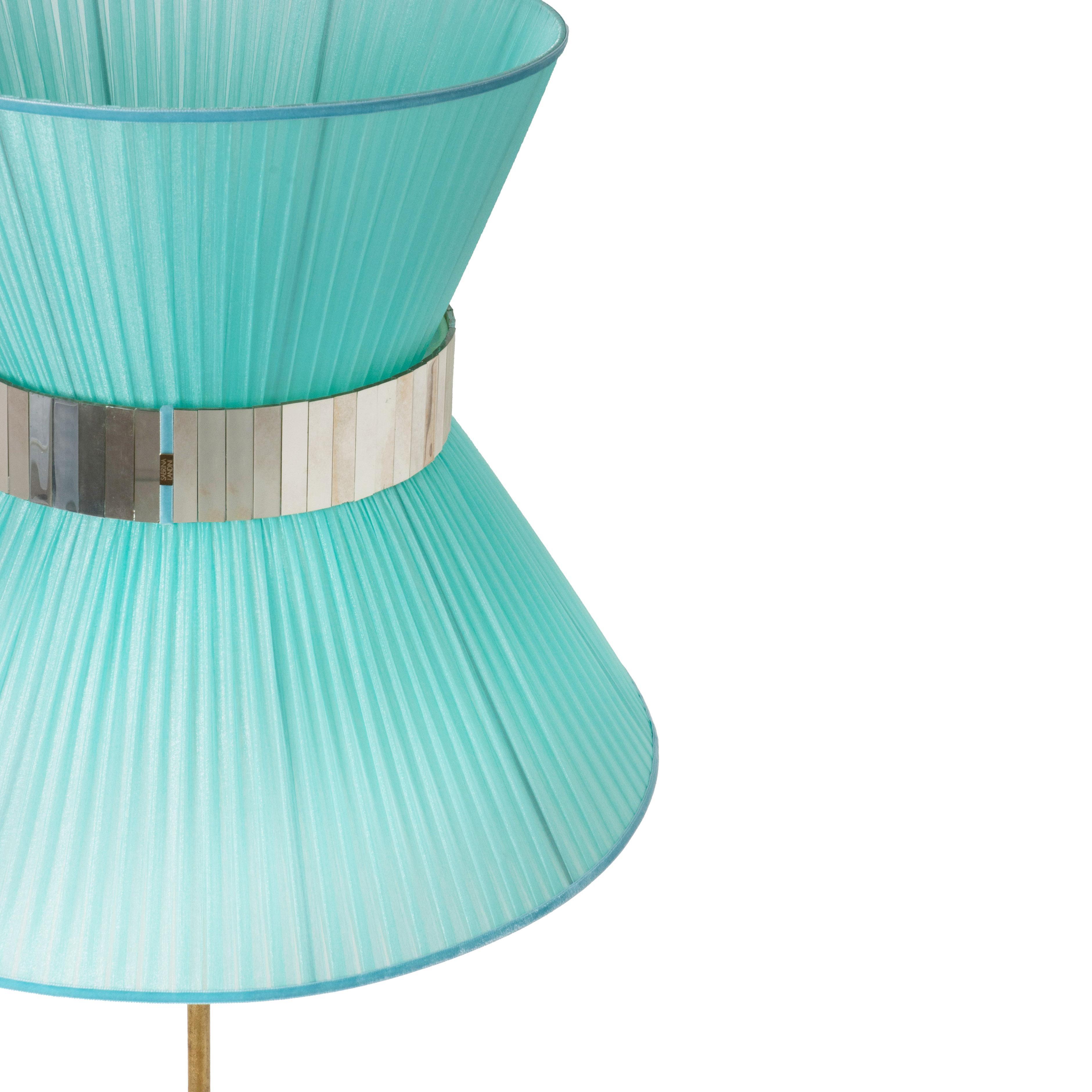 Zeitgenössische Stehlampe von Tiffany, 60er Jahre, Seide, antikes Messing, versilbertes Glas (Italienisch) im Angebot