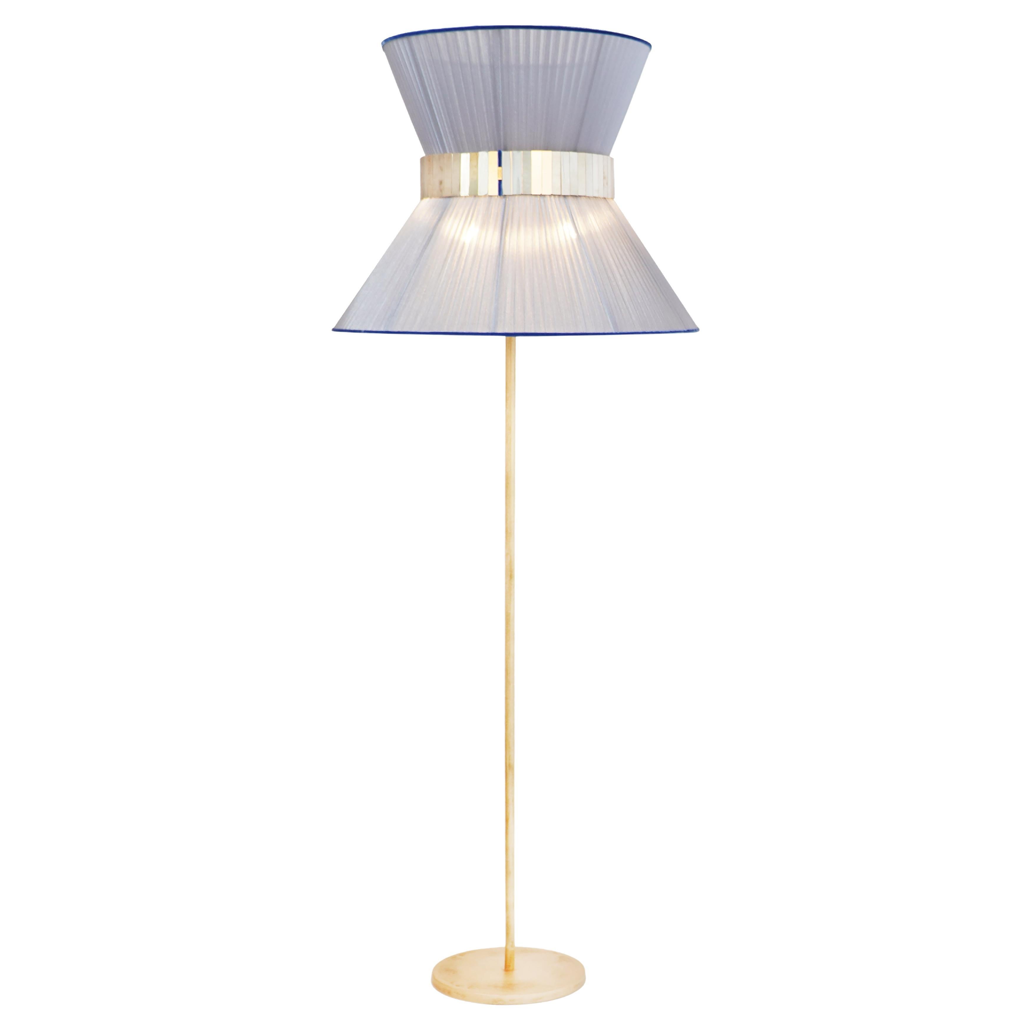 Tiffany Contemporary Floor Lamp 60 Silver-Light Blue Silk, Antiqued Brass, Glass