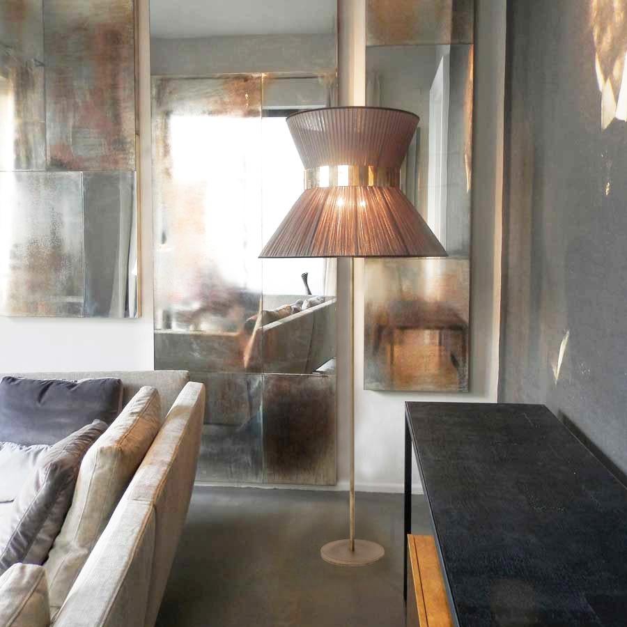 Italian Tiffany Contemporary Floor Lamp 60 Tobacco Silk, Antiqued Brass, Silvered Glass