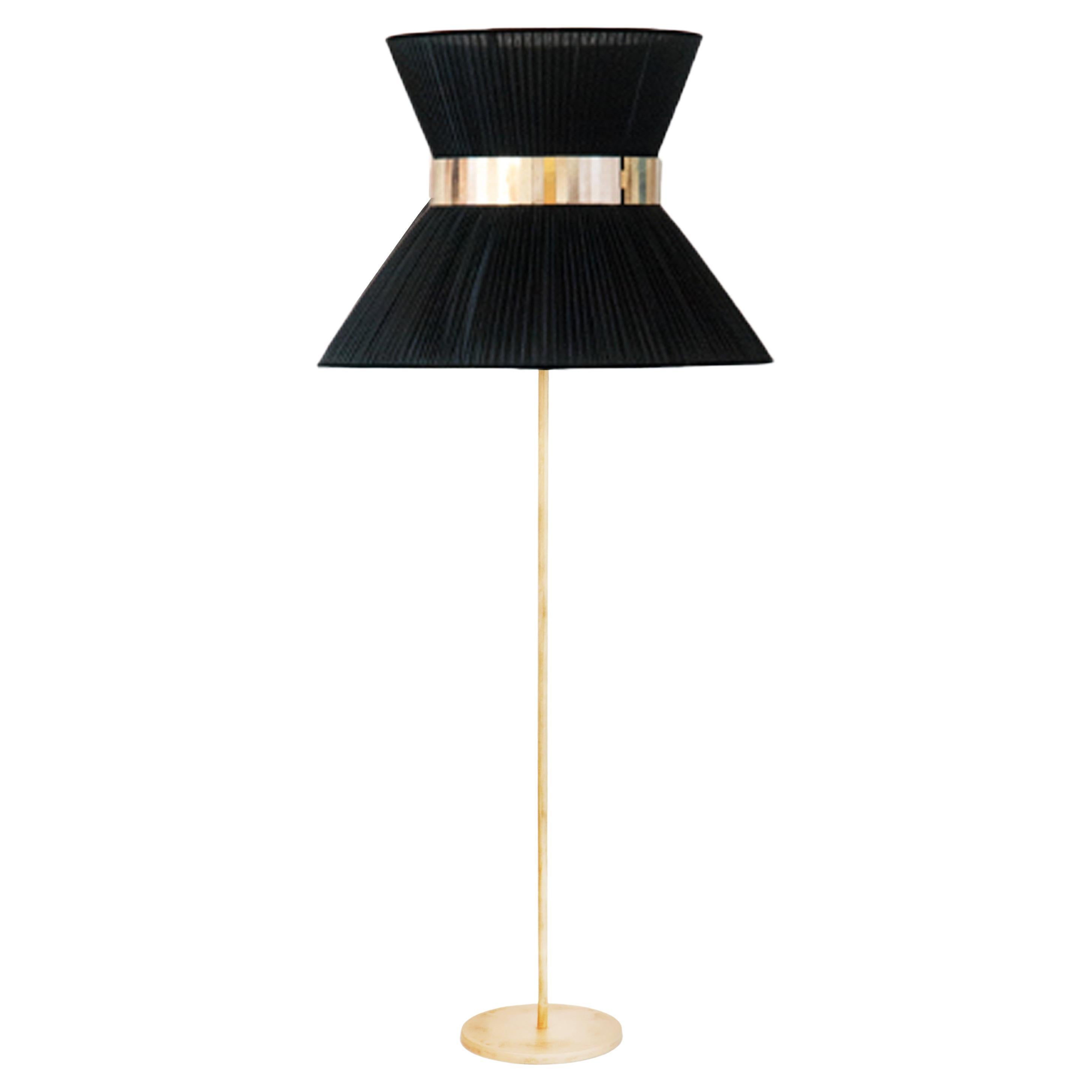 Tiffany Contemporary Floor Lamp 80 Black Silk, Antiqued Brass, Silvered Glass