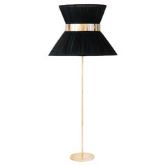 Tiffany Contemporary Floor Lamp 80 Black Silk, Antiqued Brass, Silvered Glass