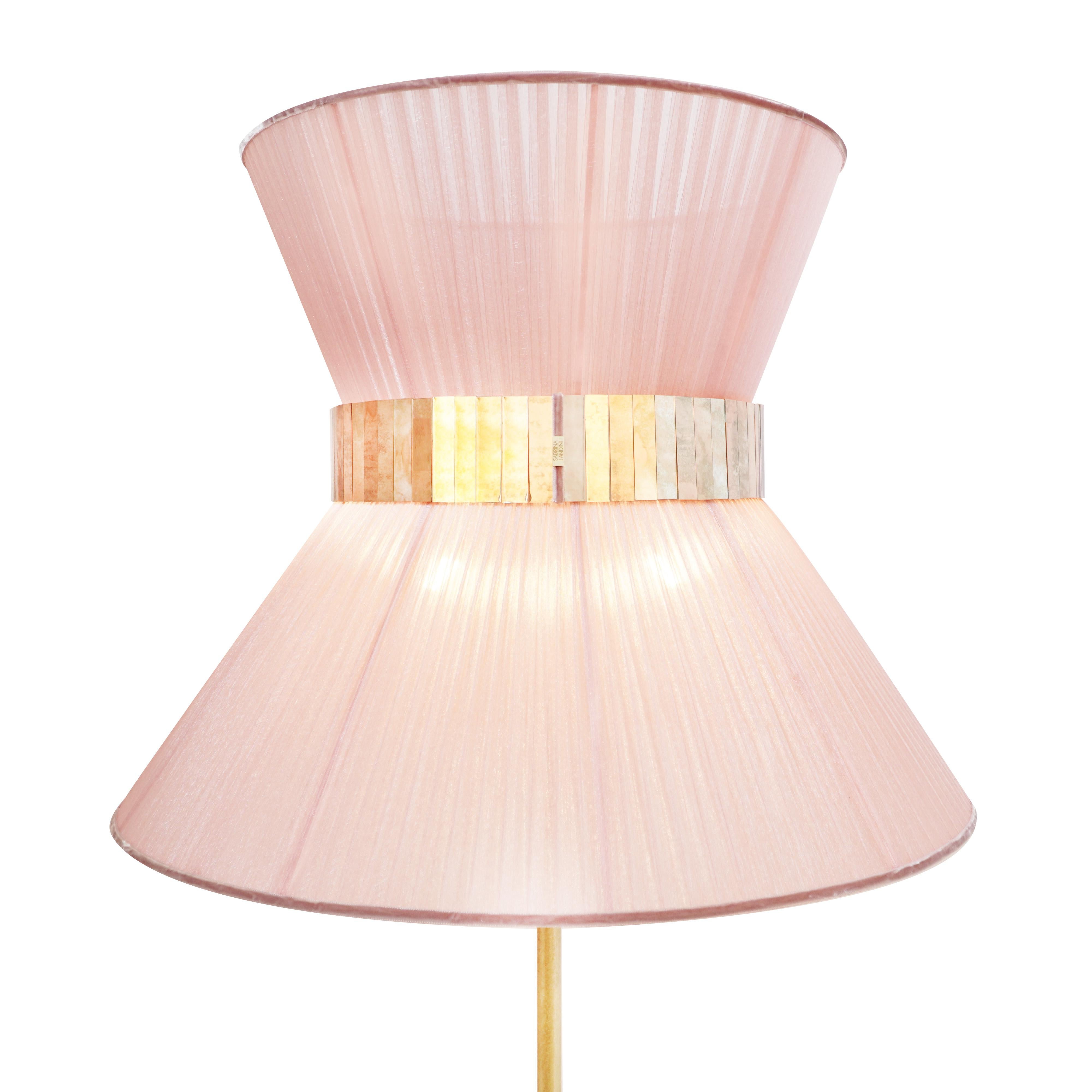 Lámpara de pie Tiffany Contemporánea 80 Seda rubor, latón envejecido, cristal plateado Moderno en venta