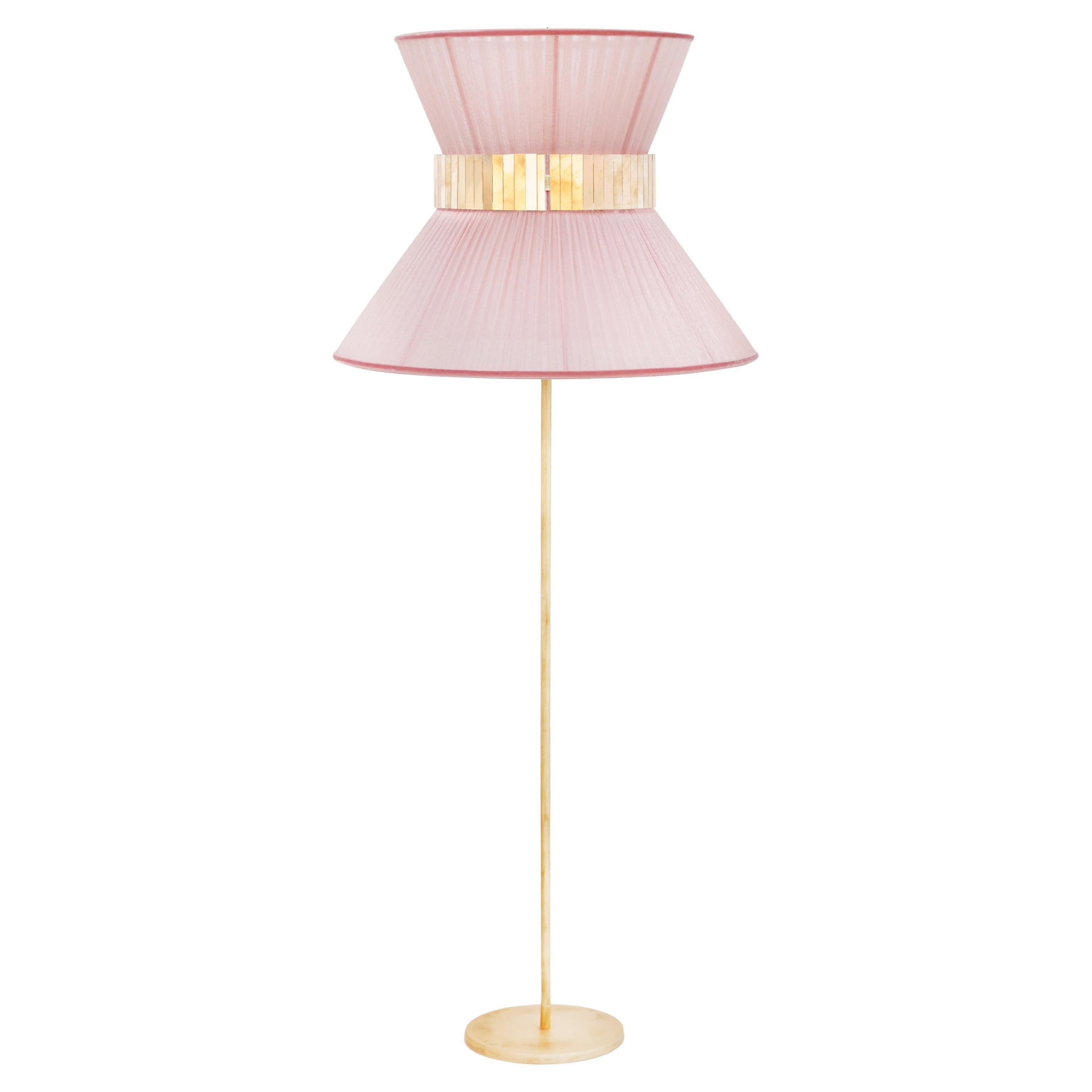 Tiffany Contemporary Floor Lamp 80 Blush Silk, Antiqued Brass, Silvered Glass