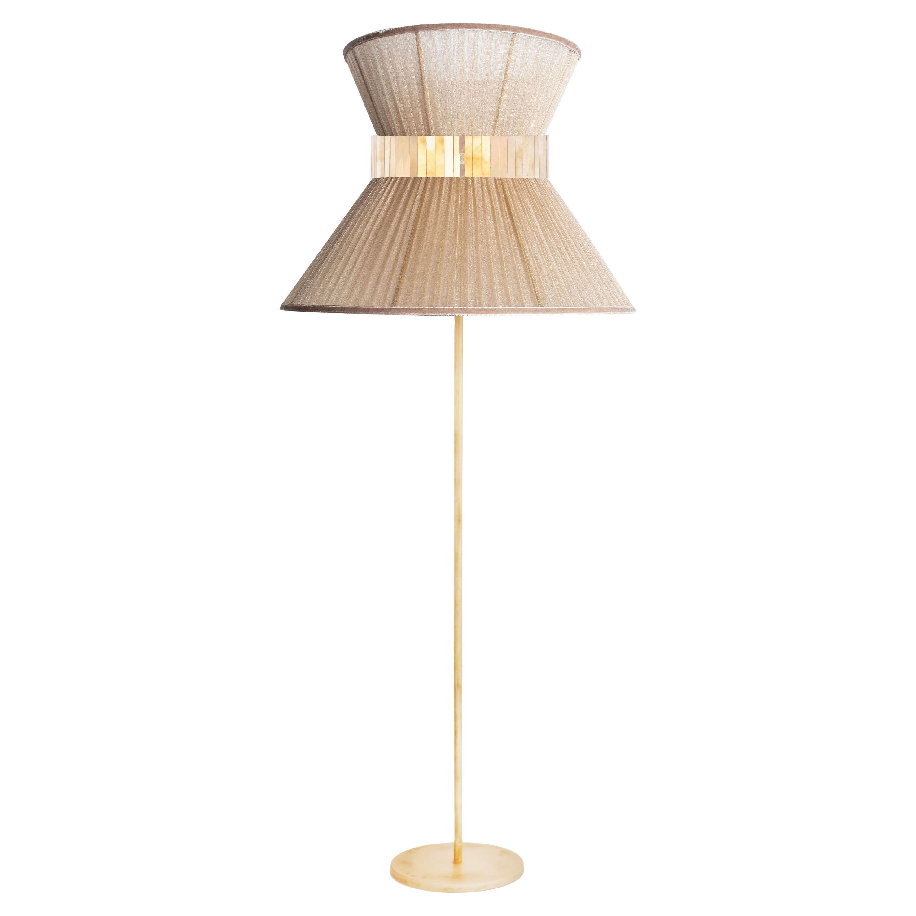 Tiffany Contemporary Floor Lamp 80 Gold Silk, Antiqued Brass, Silvered Glass