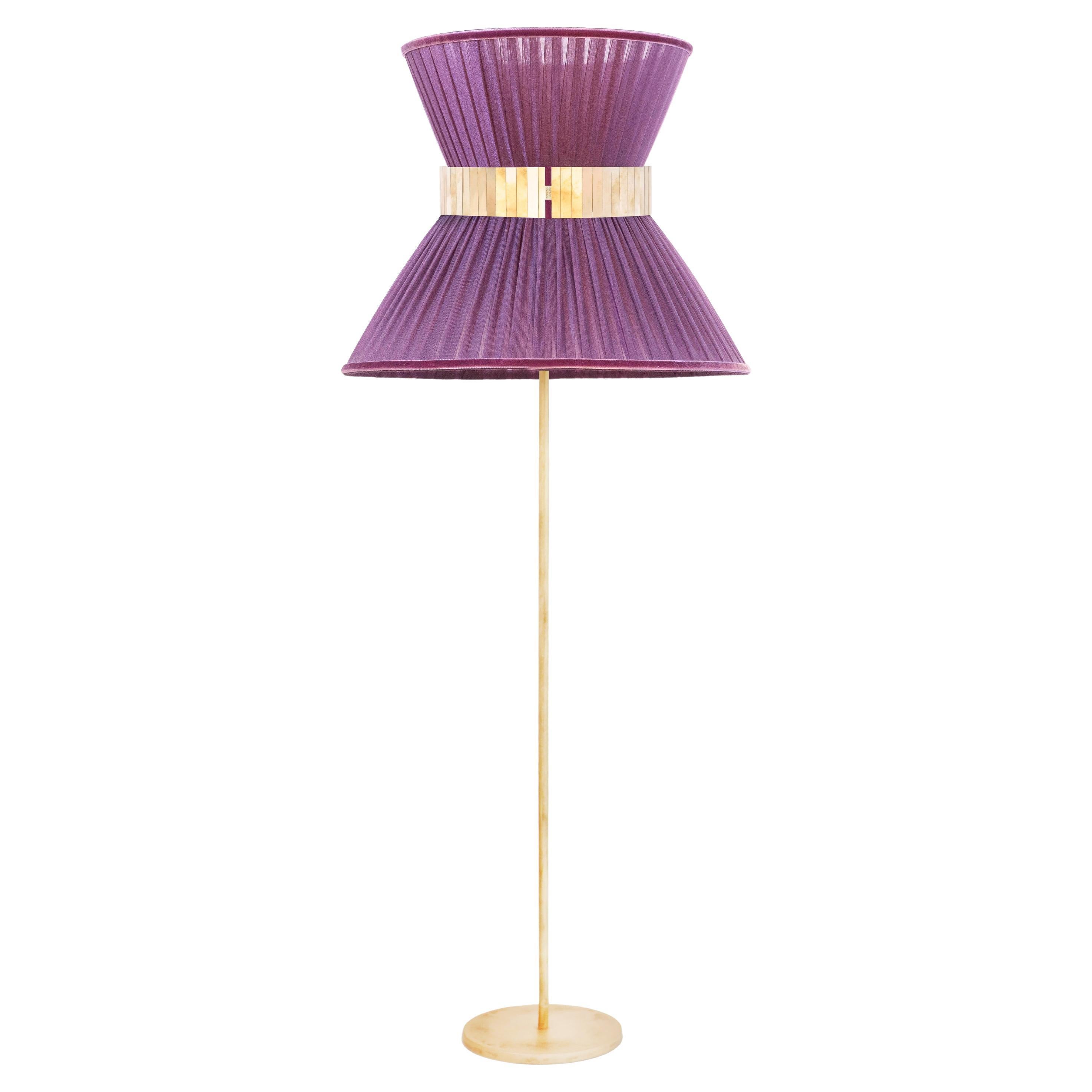 Tiffany Contemporary Floor Lamp 80 Purple Silk, Antiqued Brass, Silvered Glass For Sale