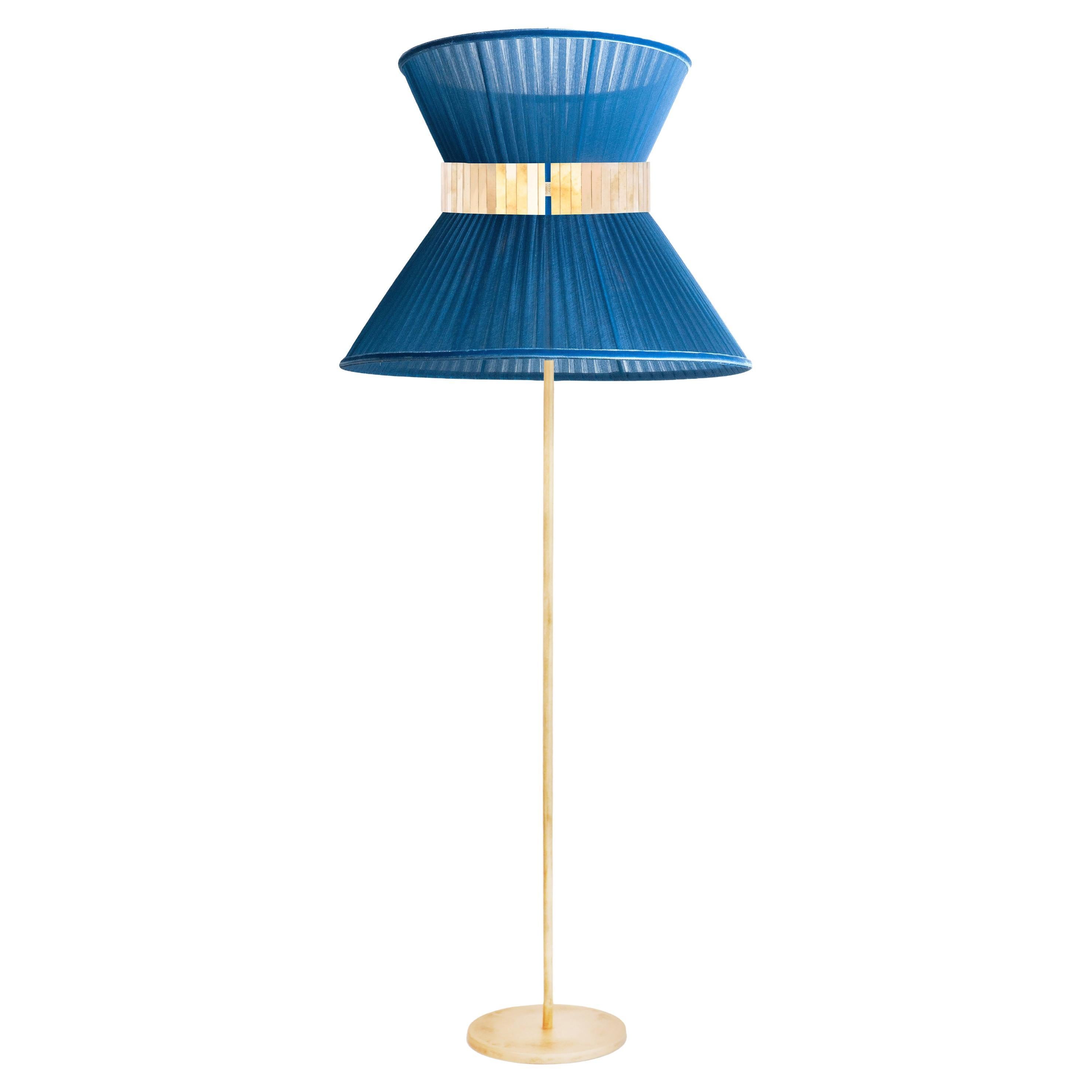 Tiffany Contemporary Floor Lamp 80 Sapphire Silk, Antiqued Brass, Silvered Glass