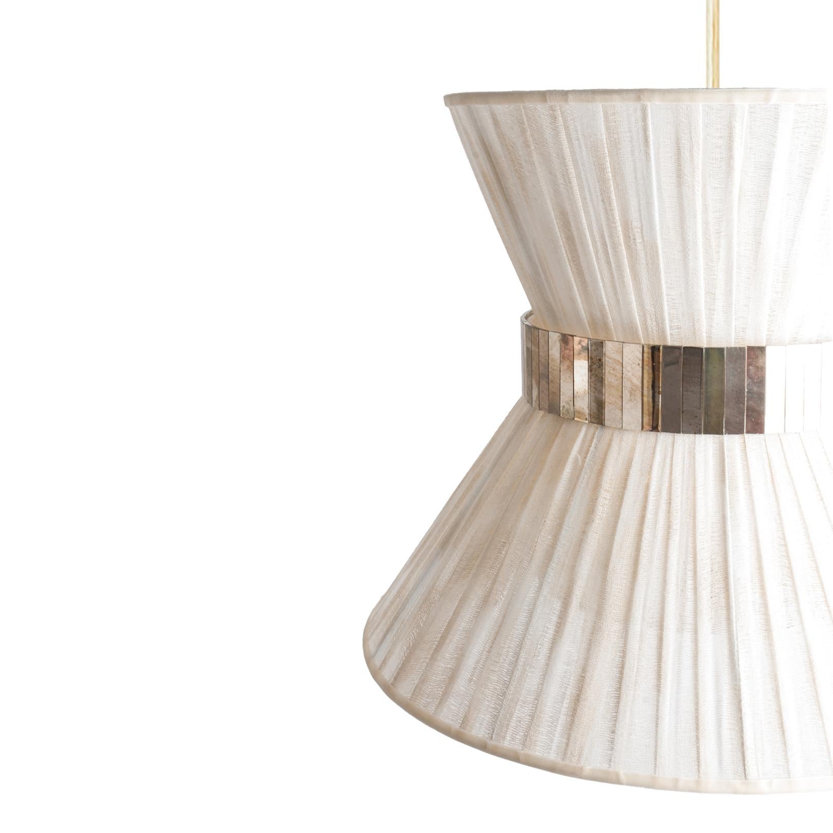 Moderne Tiffany Contemporary Hanging 80 Lamp Ivory chalky Gauze Silvered Glass Brass (lampe suspendue 80) en vente